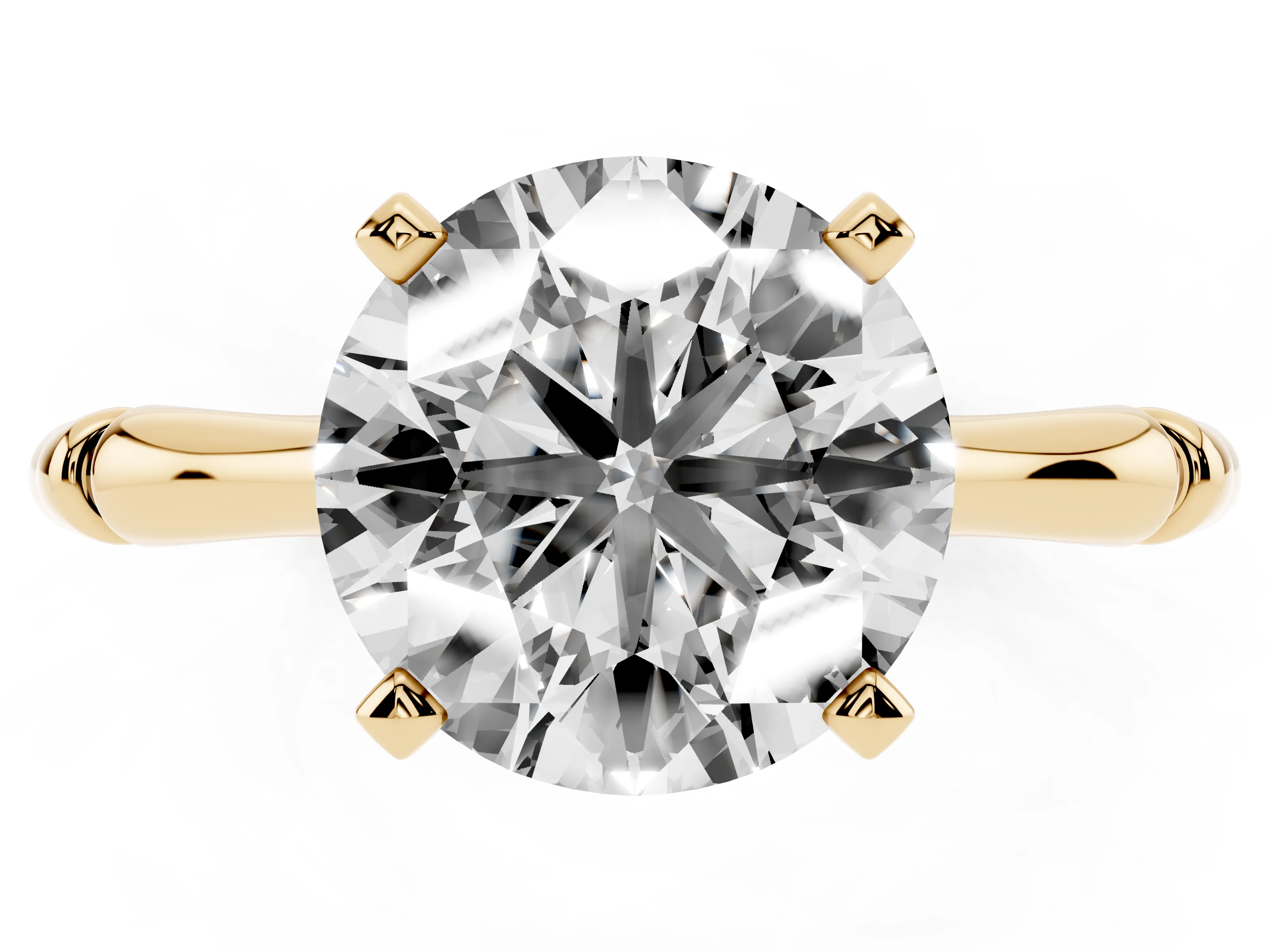 Round Cut Diamond Solitaire Ring Set in Yellow gold with Bamboo Band and Prong Setting