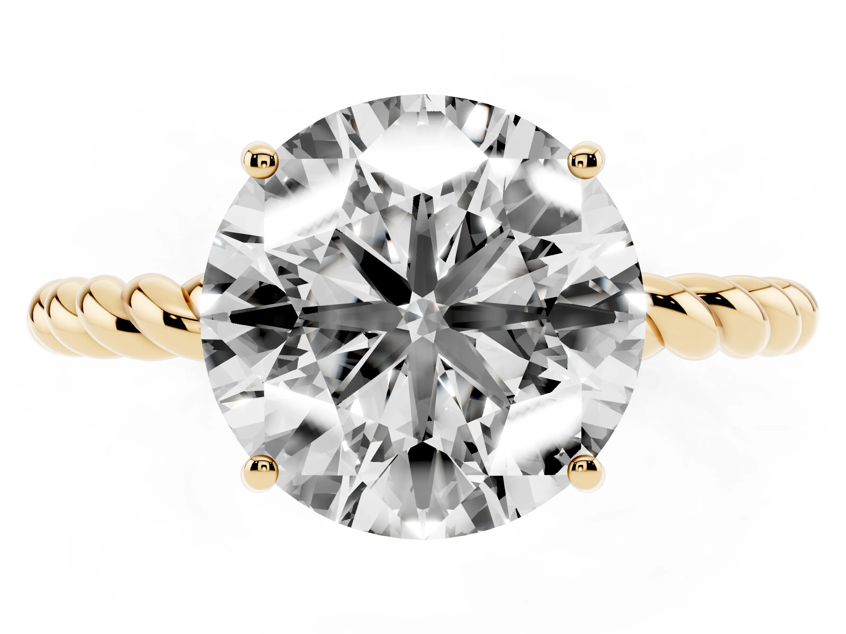 Round Cut Diamond Solitaire Ring Set in Yellow gold with Twist Band and Prong Setting