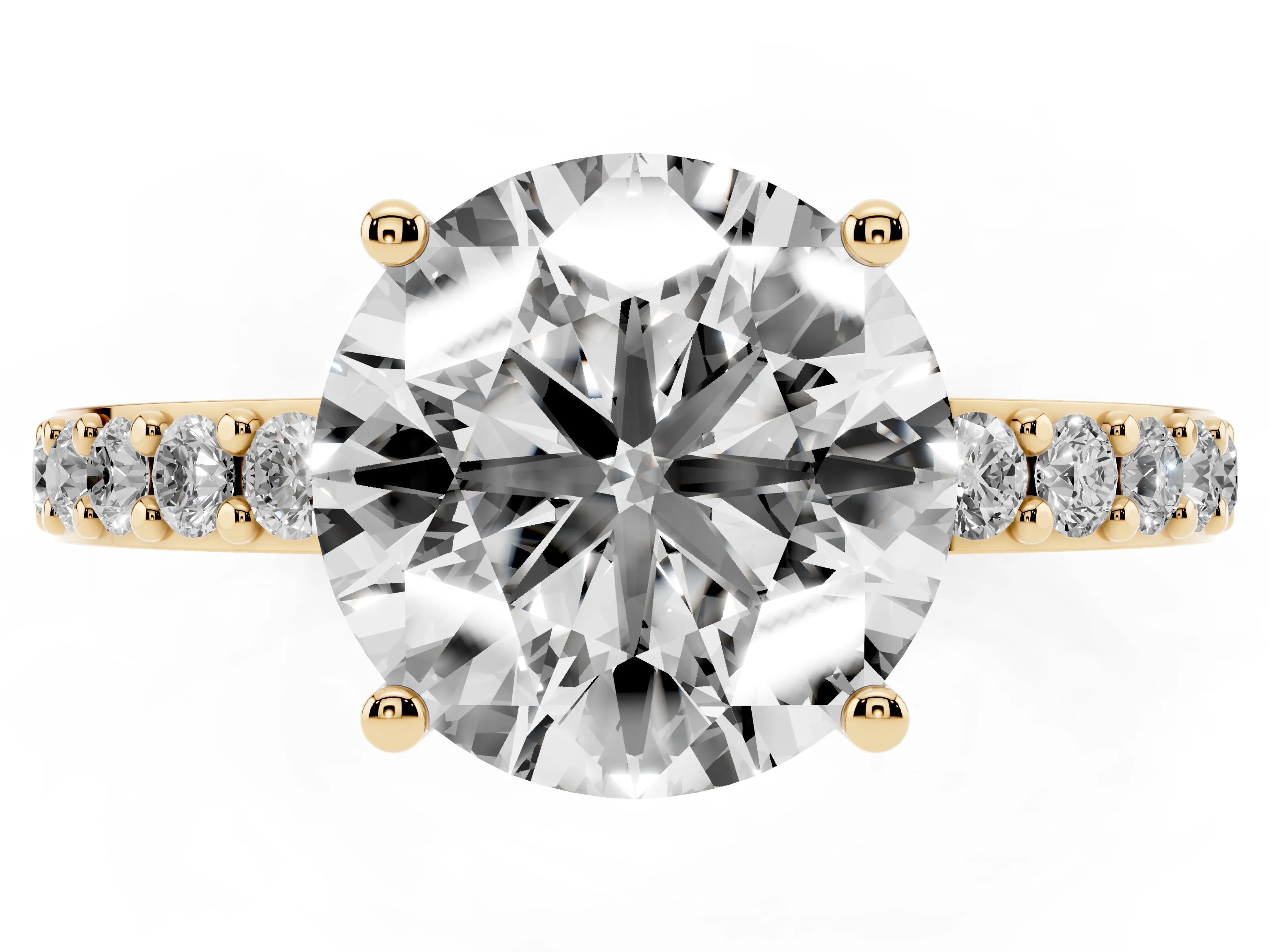 Round Cut Diamond Solitaire Set in Yellow gold with Round Pavé Band and Prong Setting