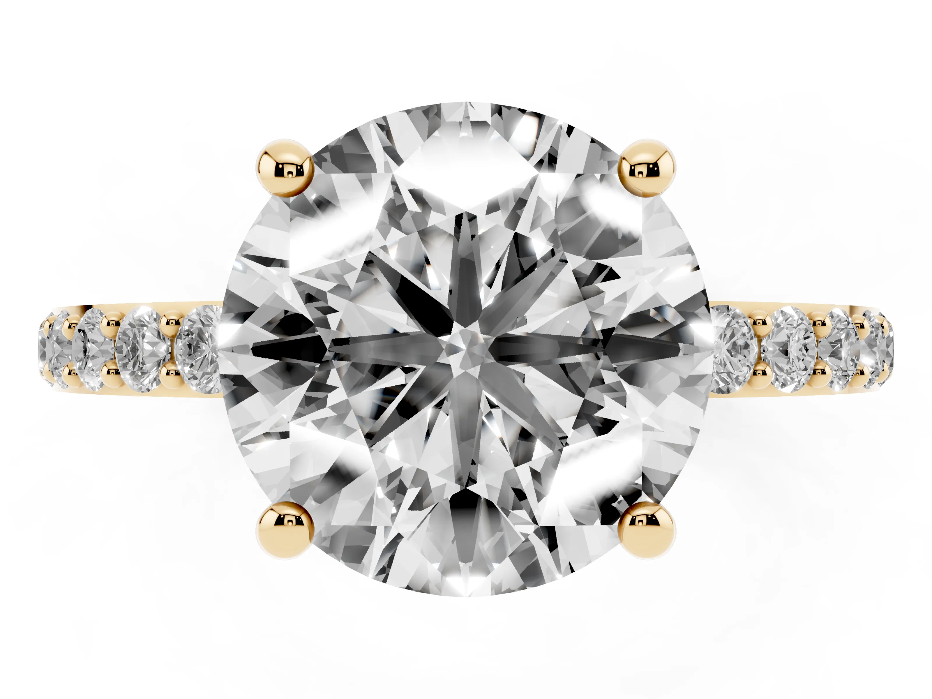 Round Cut Diamond Solitaire Ring Set in Yellow gold with Round Pavé Band and Prong Setting