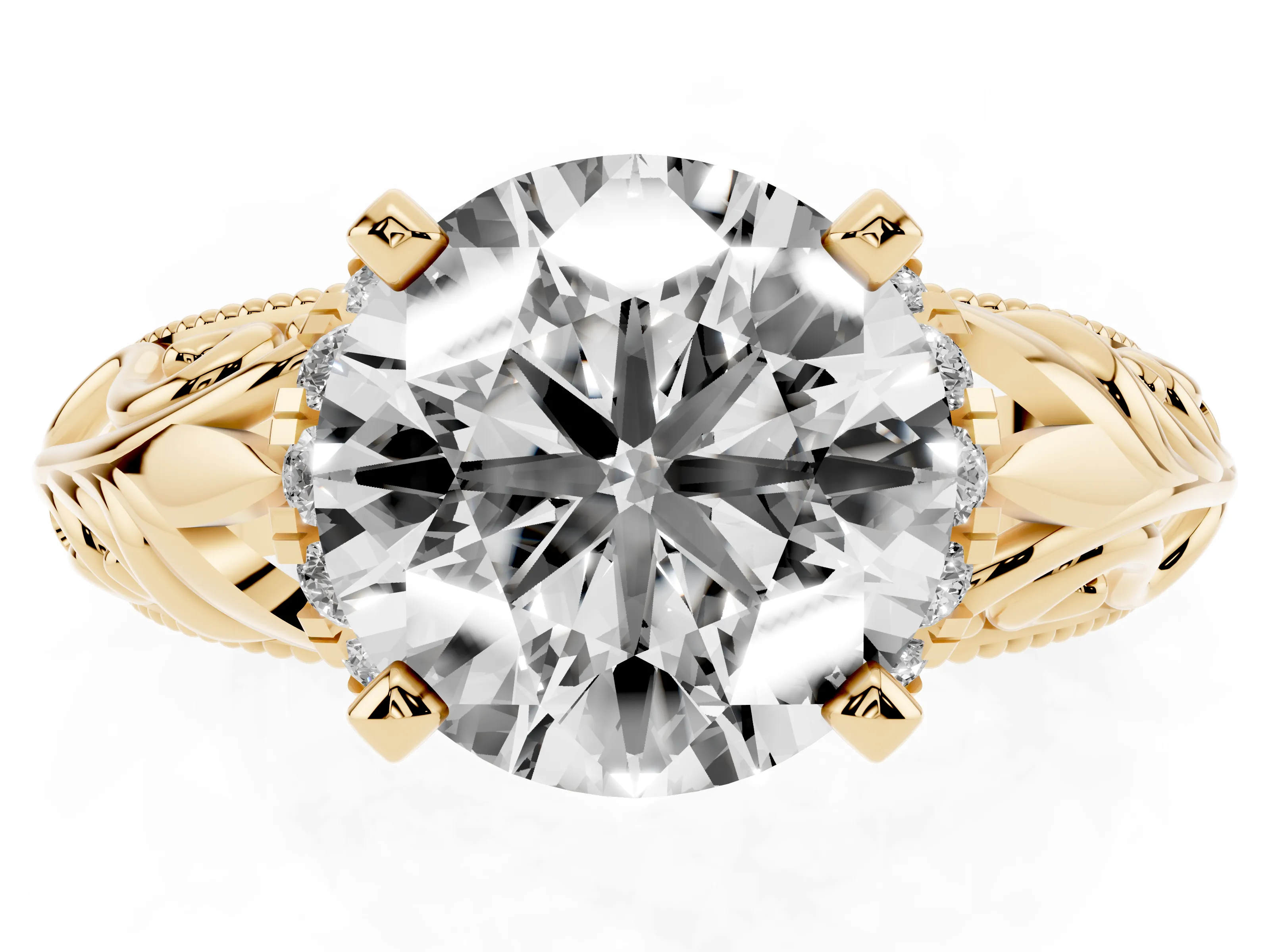 Round Cut Diamond Filigree Halo Engagement Ring Set in Yellow gold with Prong Setting
