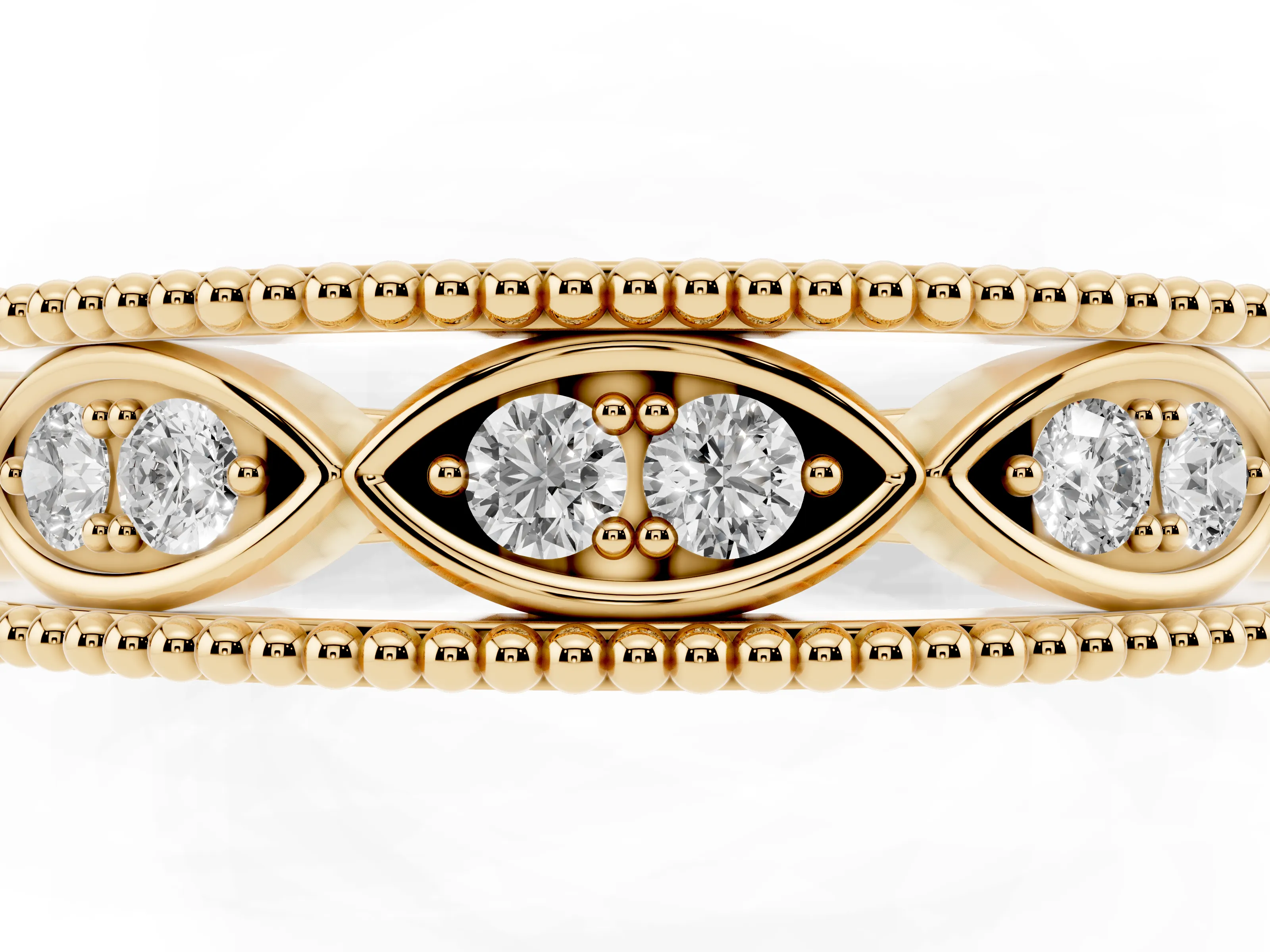 Round Diamond Marquise Shape Band Set in Yellow gold with Milgrain Detail and Prong Setting