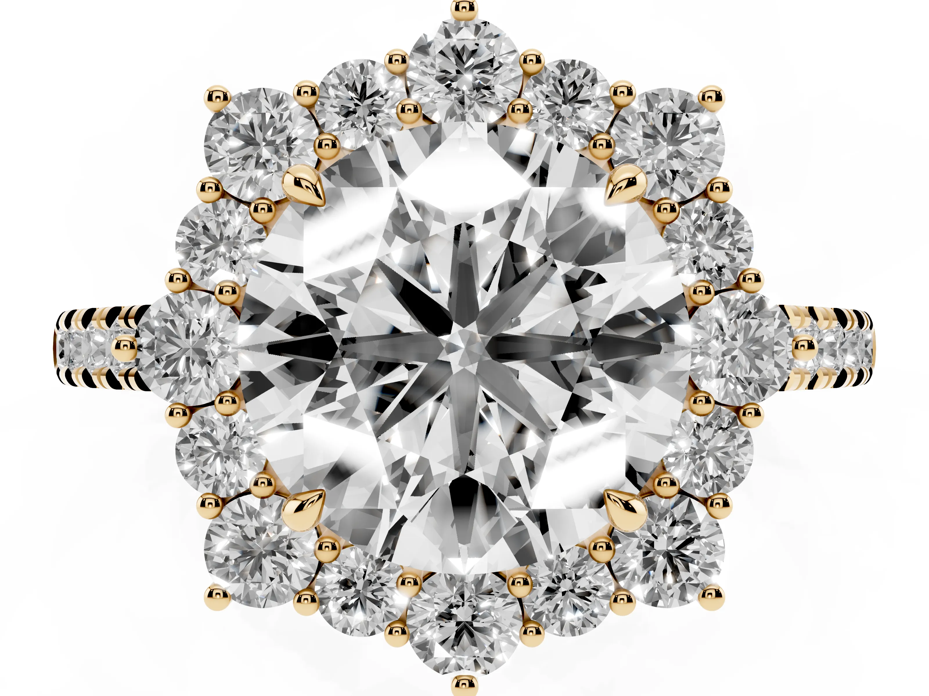 Round Cut Diamond Halo Ring Set in Yellow gold with Pavé Band and Prong Setting