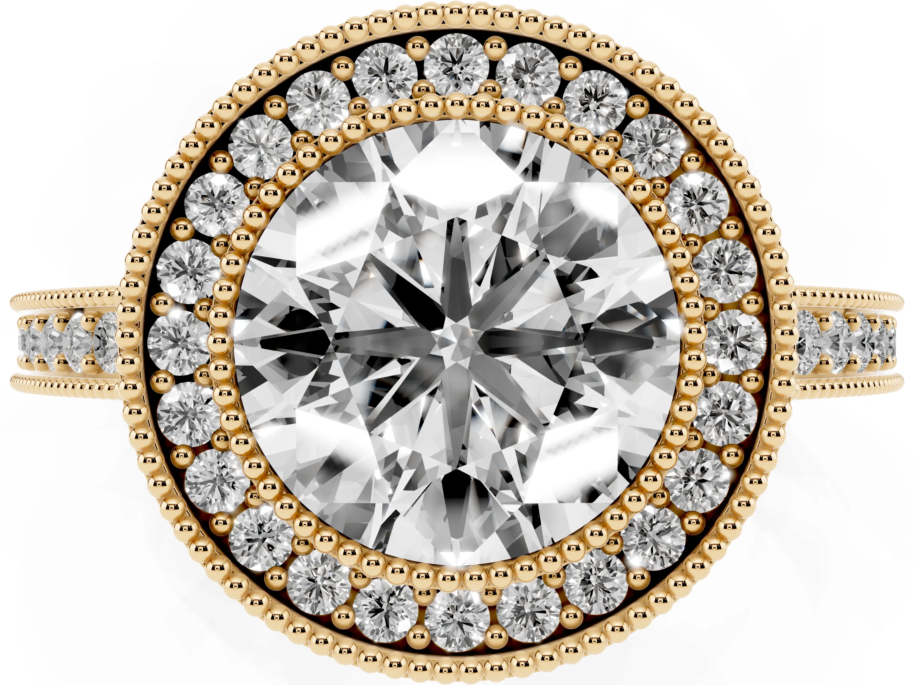 Round Cut Diamond Round Halo Ring Set in Yellow gold with Pavé Band