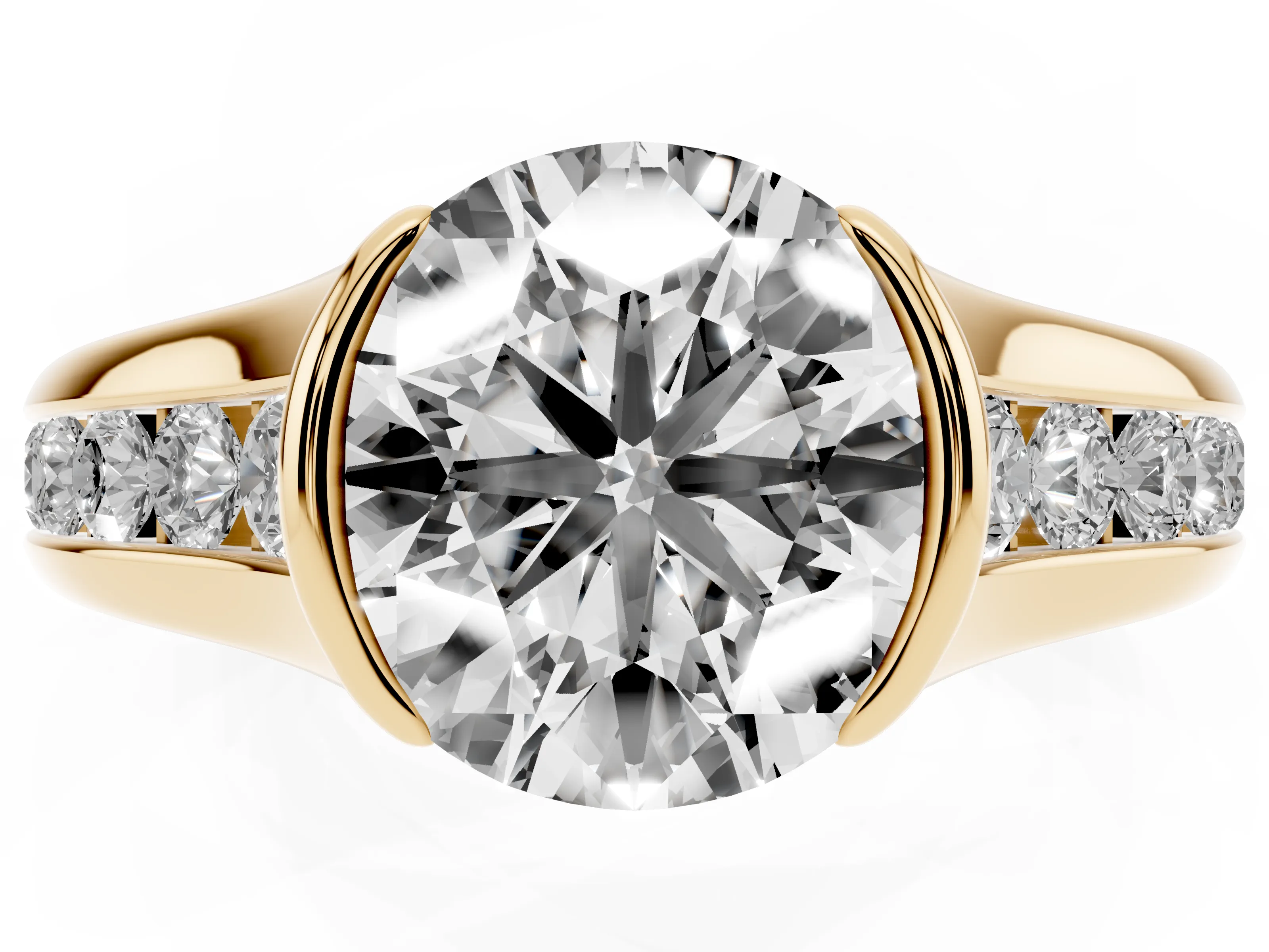 Round Cut Diamond Bezel-Set Solitaire Ring Set in Yellow gold with Channel-Set Band