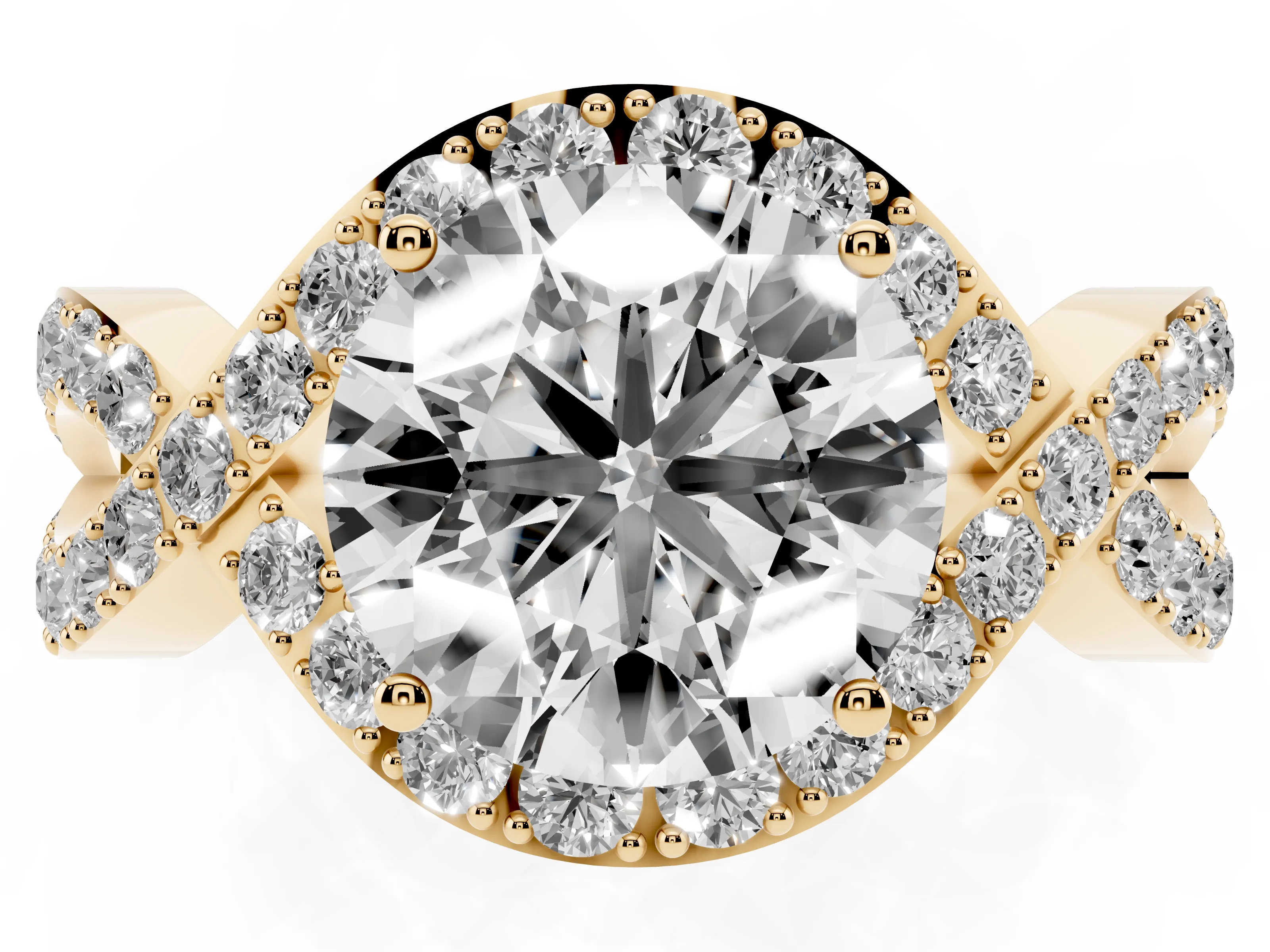Round Cut Diamond Solitaire Twist Band Pavé Engagement Ring Set in Yellow gold