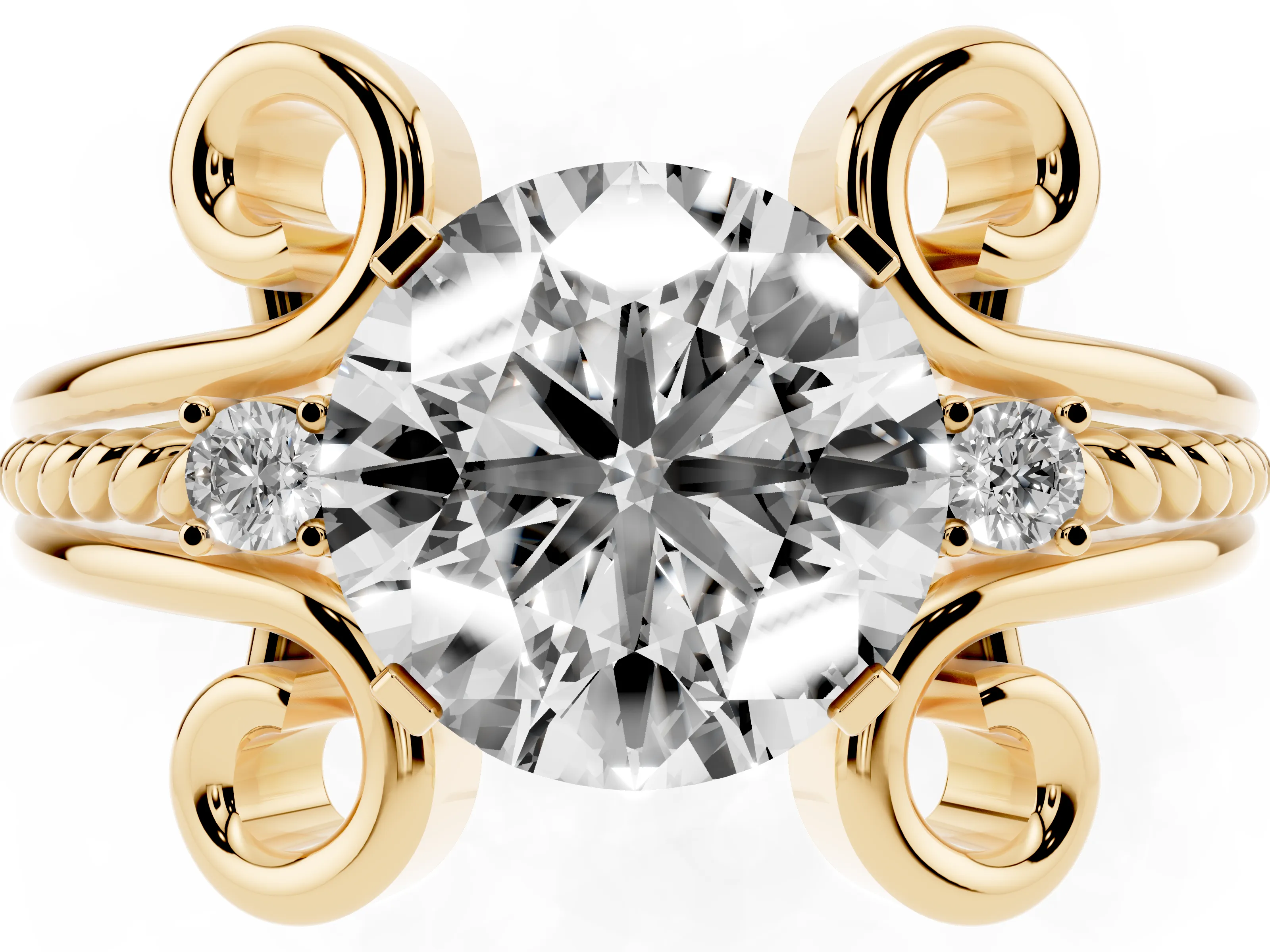 Round Cut Diamond Twisted Band Solitaire Ring Set in Yellow gold with Scroll Prongs