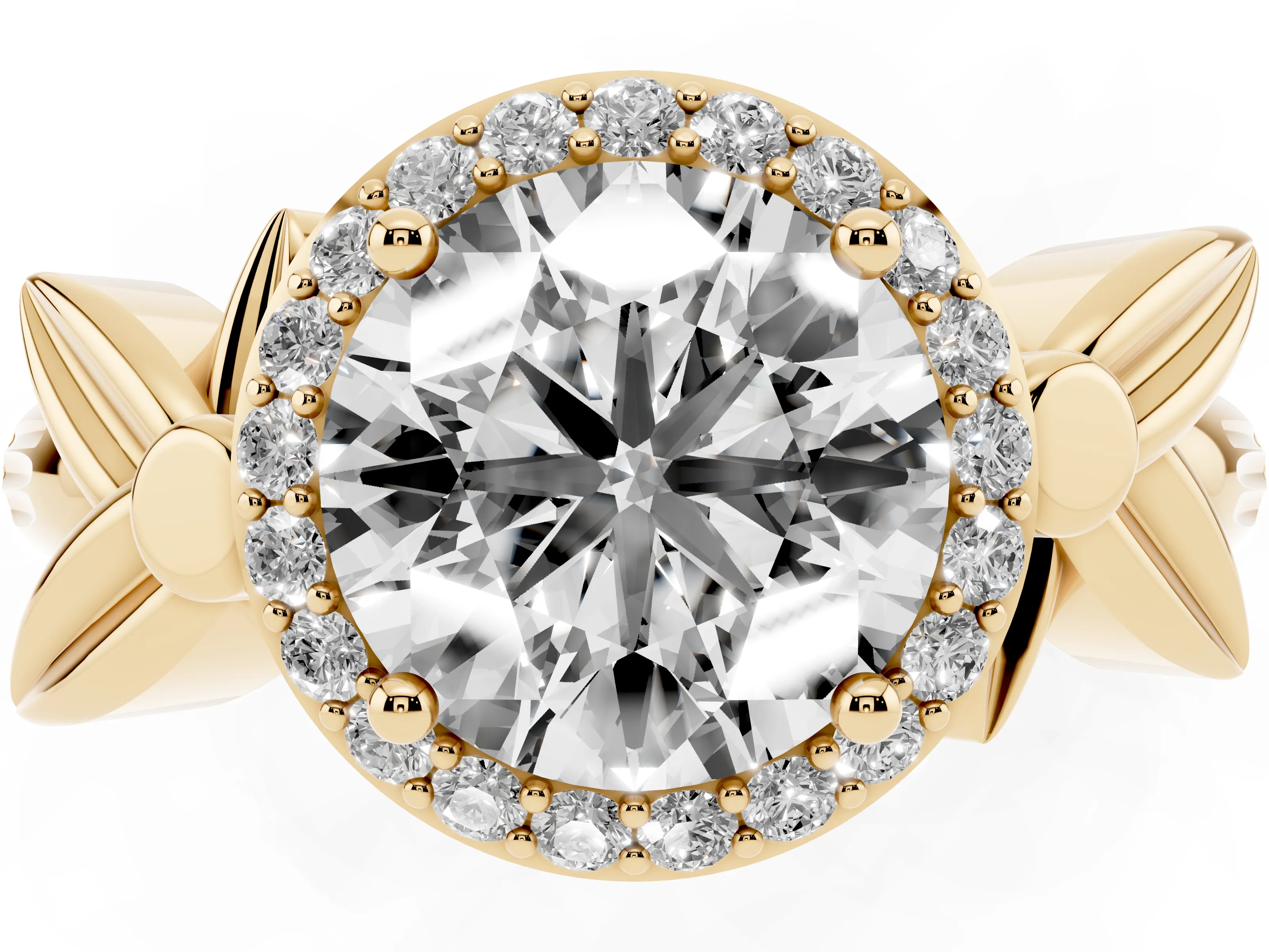 Round Cut Diamond Halo Floral Band Ring Set in Yellow gold with Prong Setting