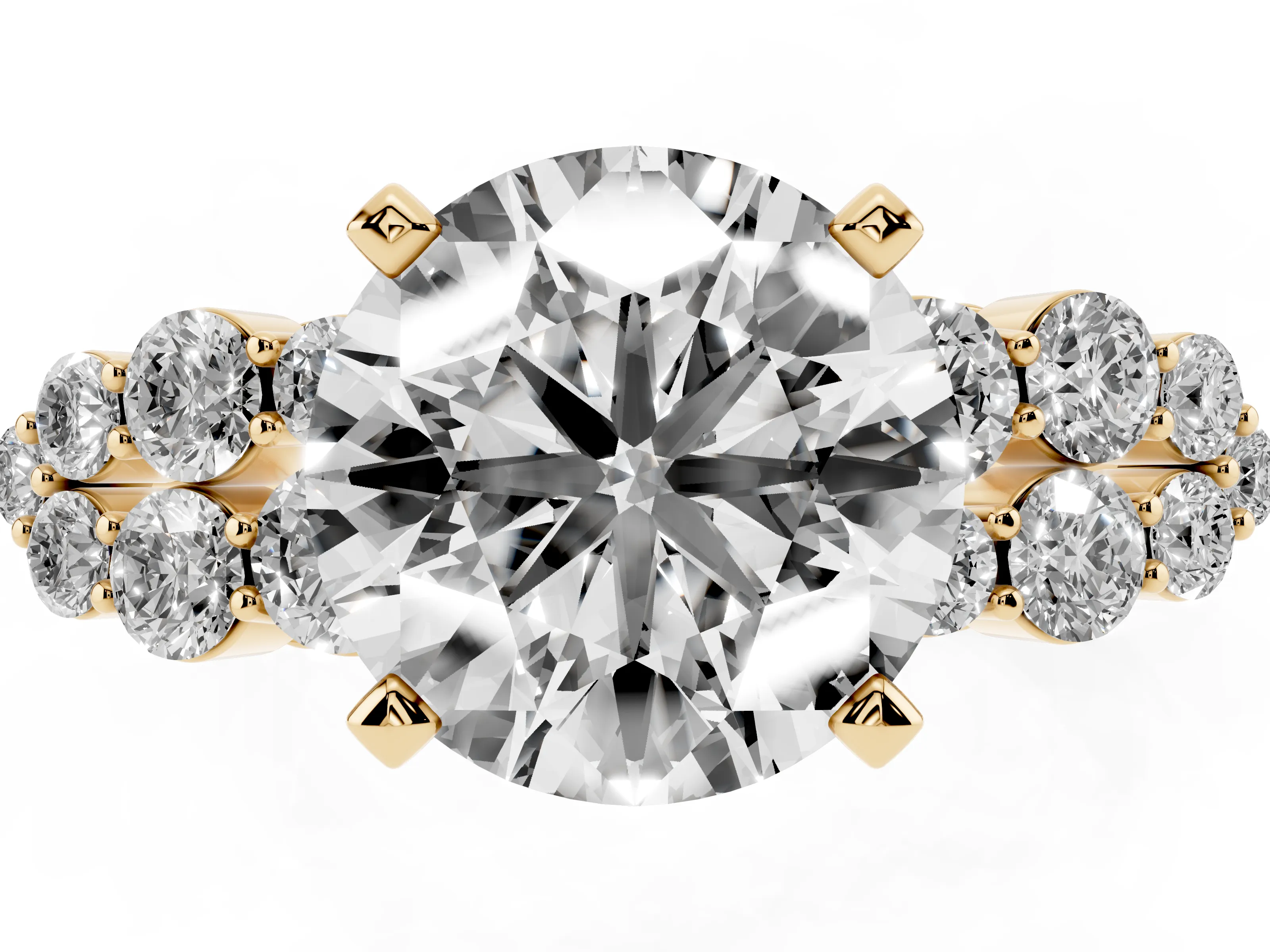 Round Cut Diamond Cluster Engagement Ring Set in Yellow gold with Pavé Band and Prong Setting