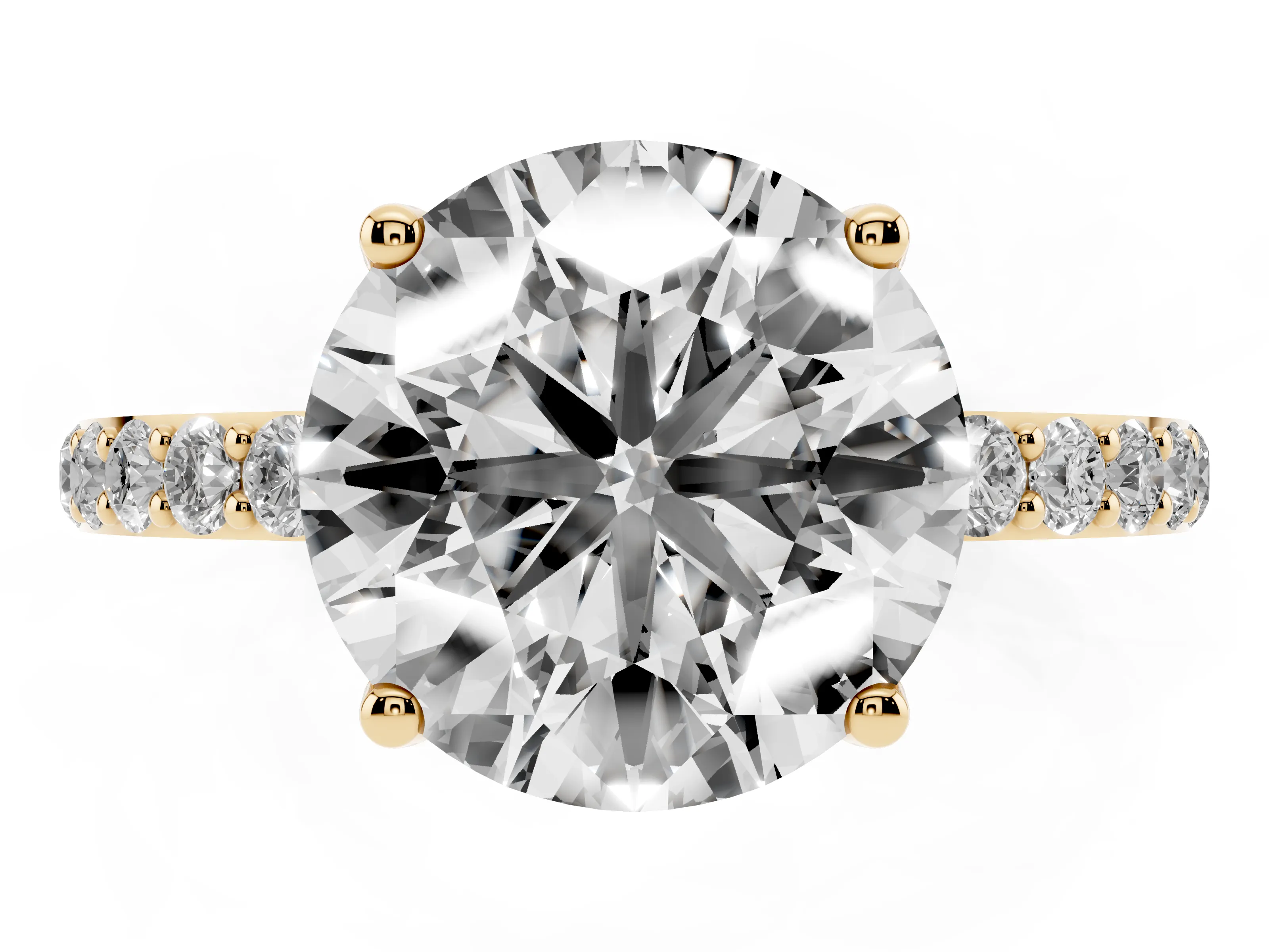 Round Cut Diamond Solitaire Engagement Ring Set in Yellow gold with Round Pavé Band and Prong Setting