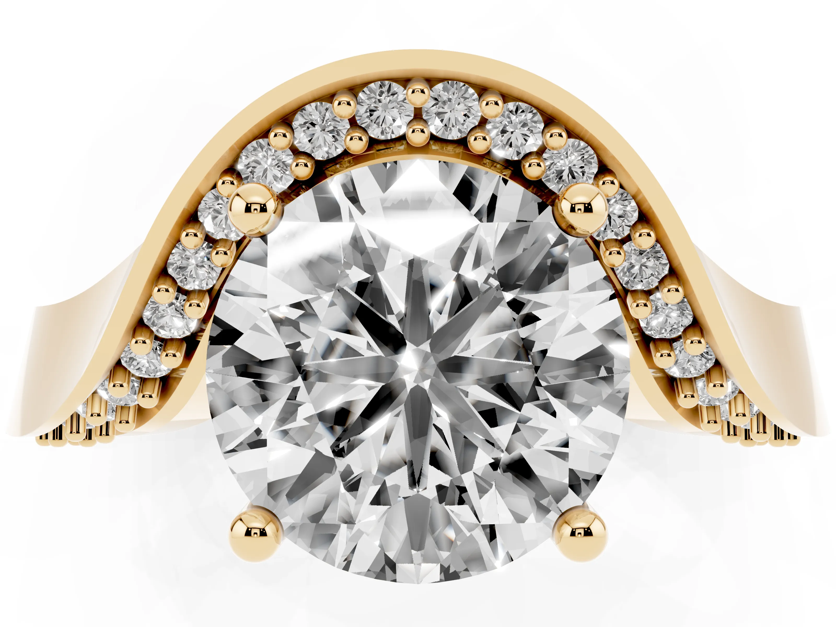 Round Cut Diamond Solitaire Engagement Ring Set in Yellow gold with Pavé Shoulders