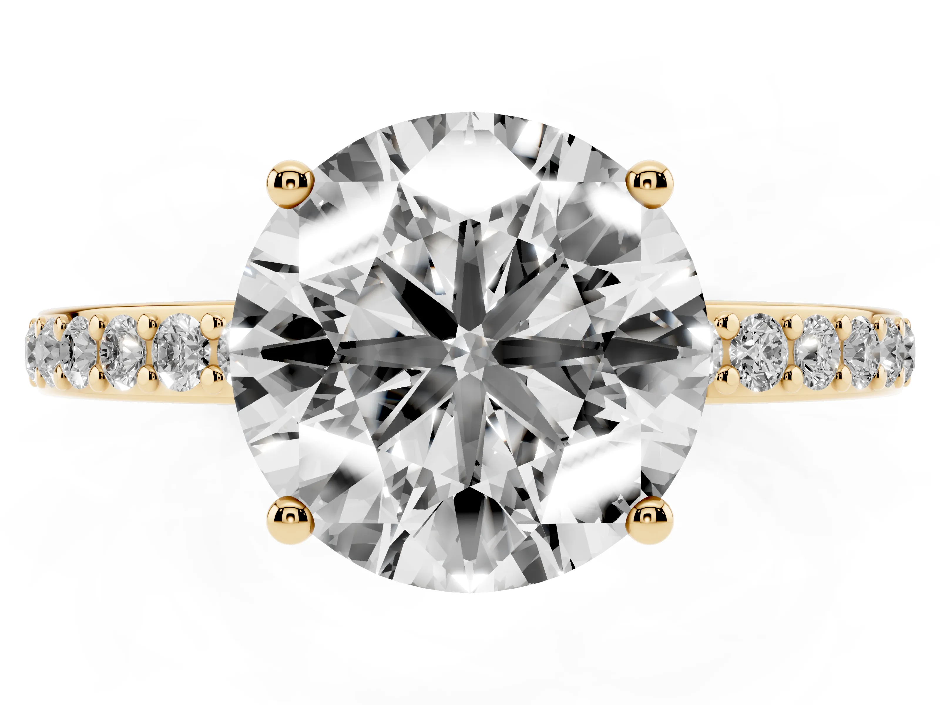 Round Cut Diamond Pavé Band Ring Set in Yellow gold with Prong-Set Center Stone