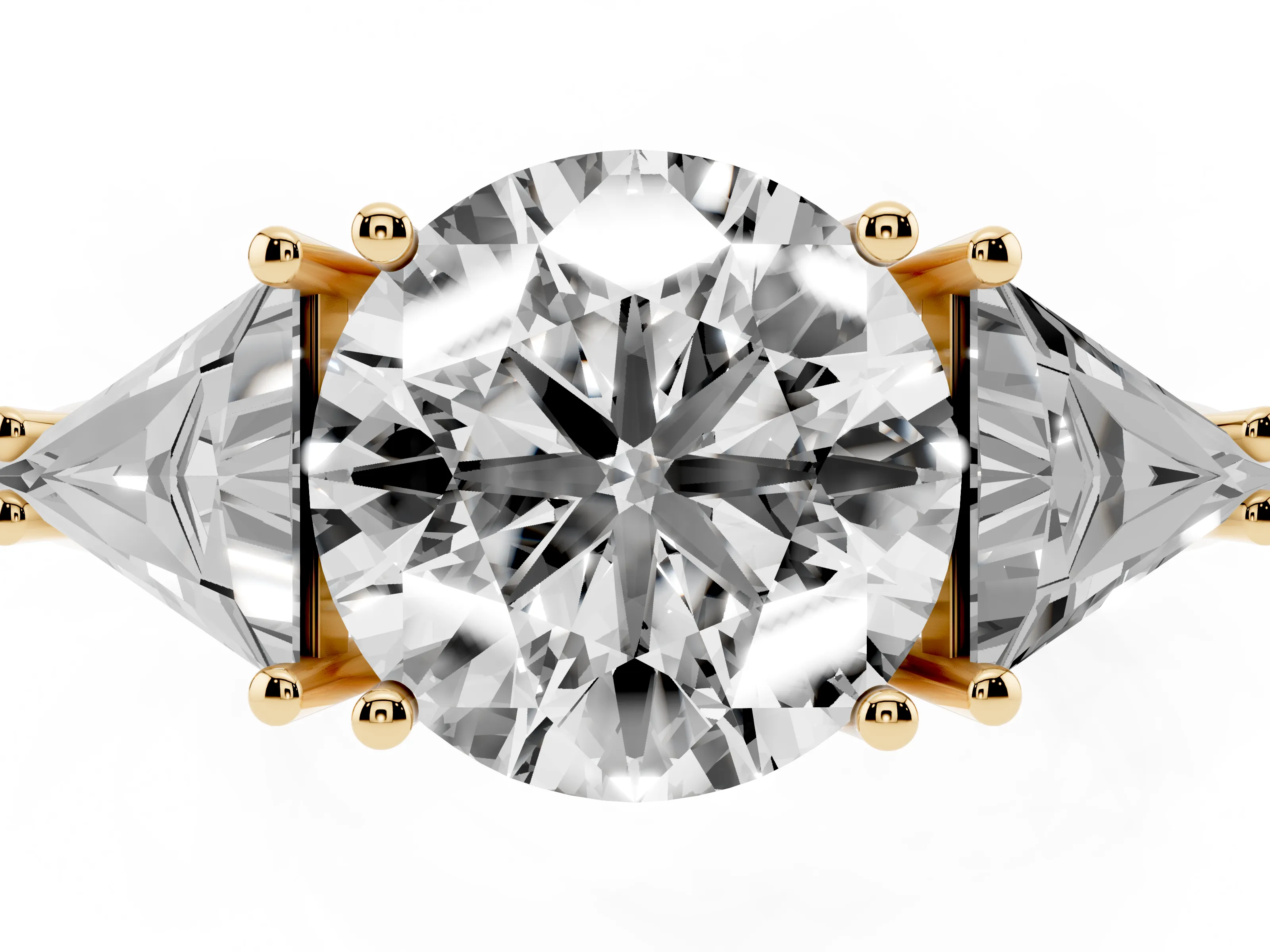 Round Cut Diamond Three-Stone Engagement Ring Set in Yellow gold with Trillion Side Stones