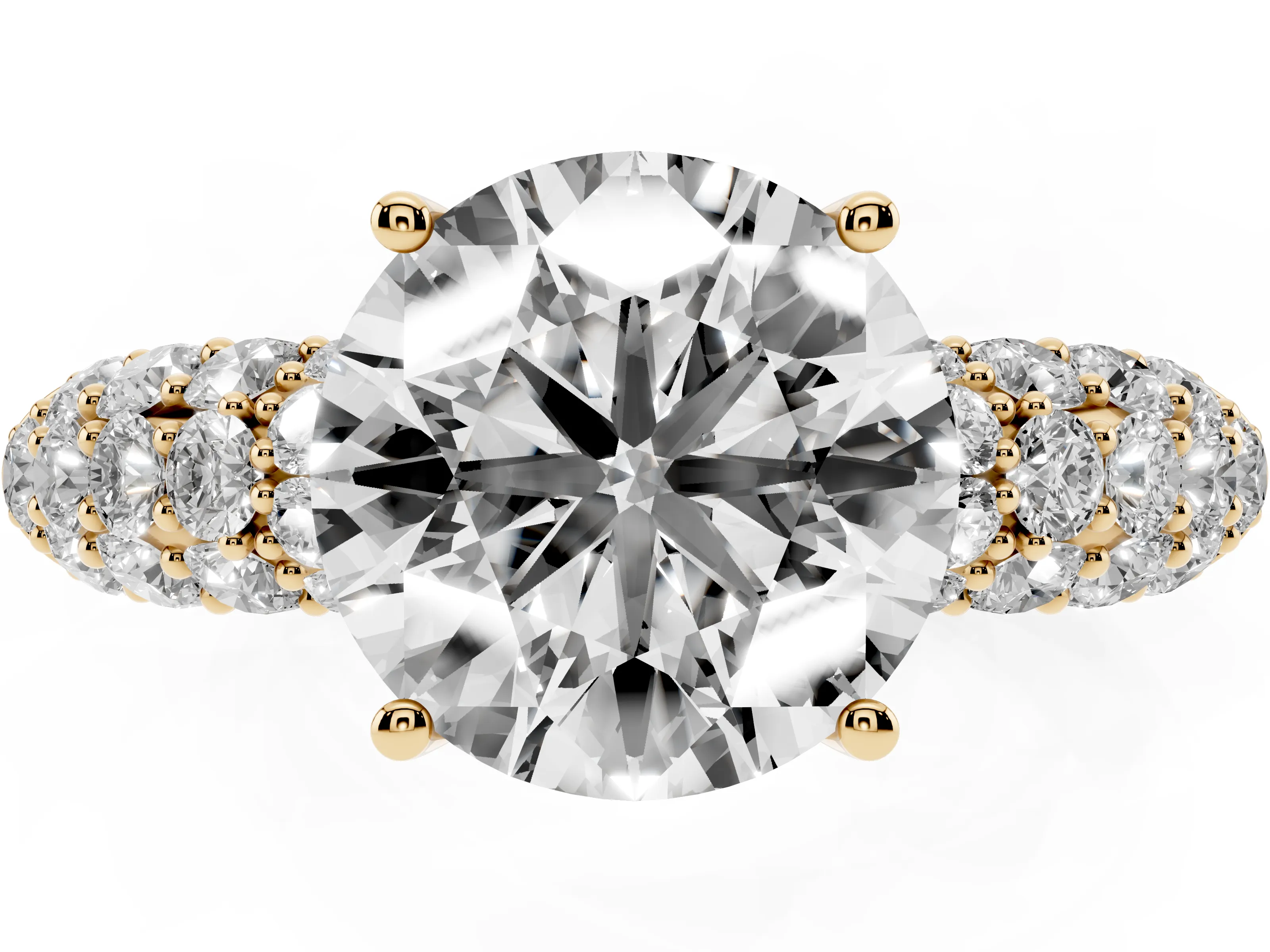 Round Cut Diamond Pavé Band Solitaire Ring Set in Yellow gold with Close-Set Accent Stones and Prong Setting