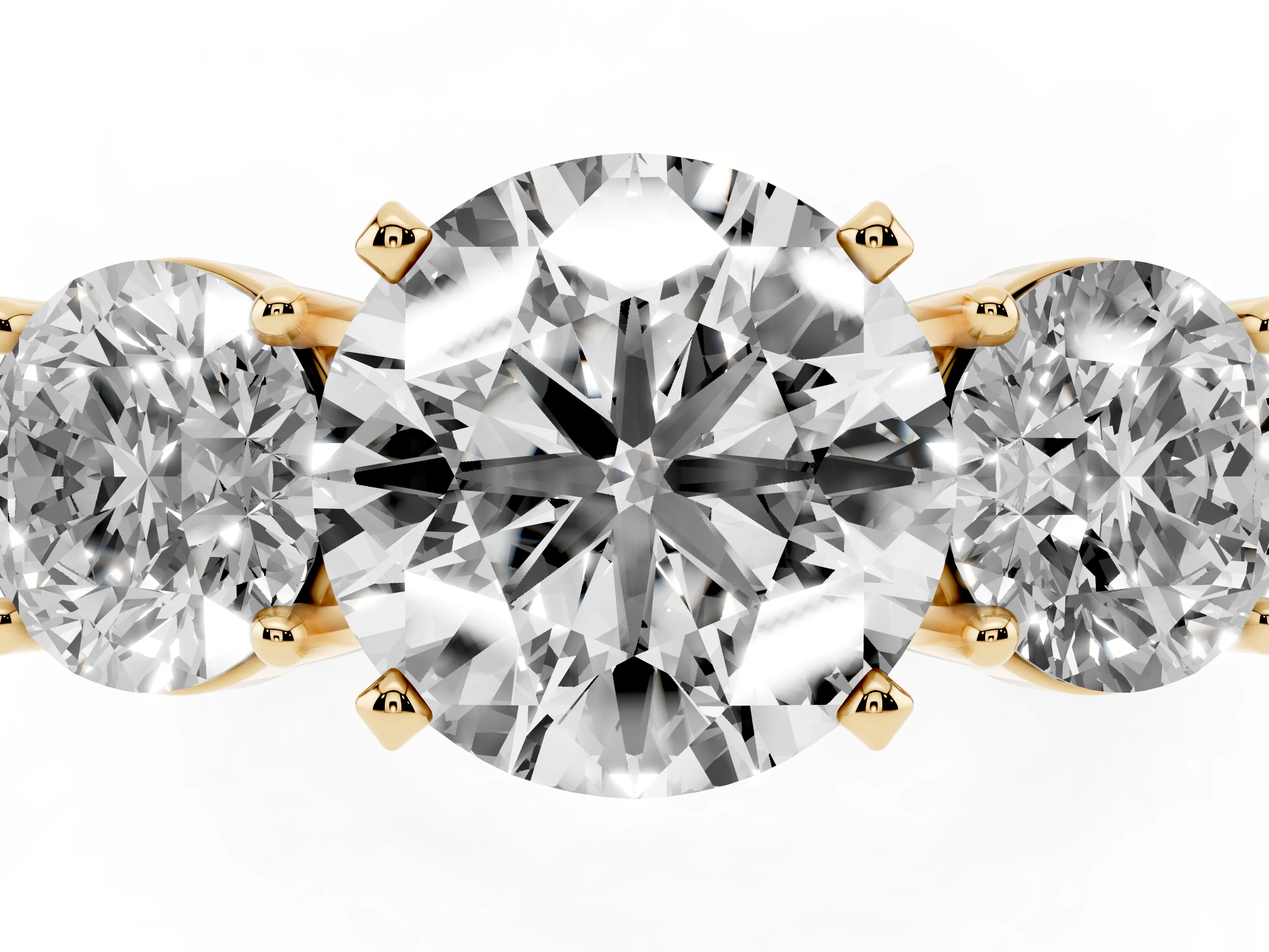 Round Cut Diamond Three-Stone Ring Set in Yellow gold with Round Side Stones and Classic Band