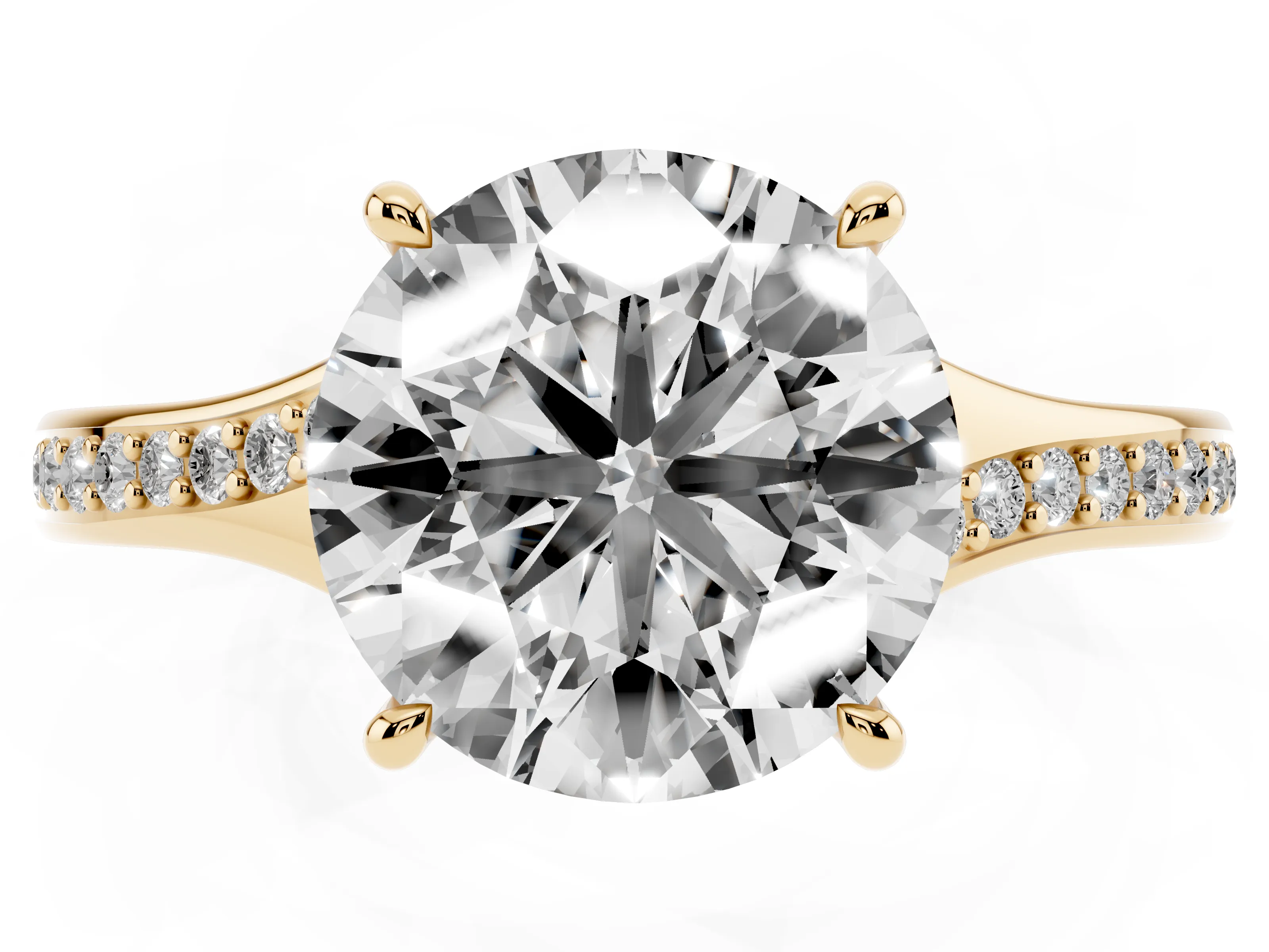 Round Cut Diamond Solitaire Ring Set in Yellow gold with Pavé Accent Band and Classic Prong Setting