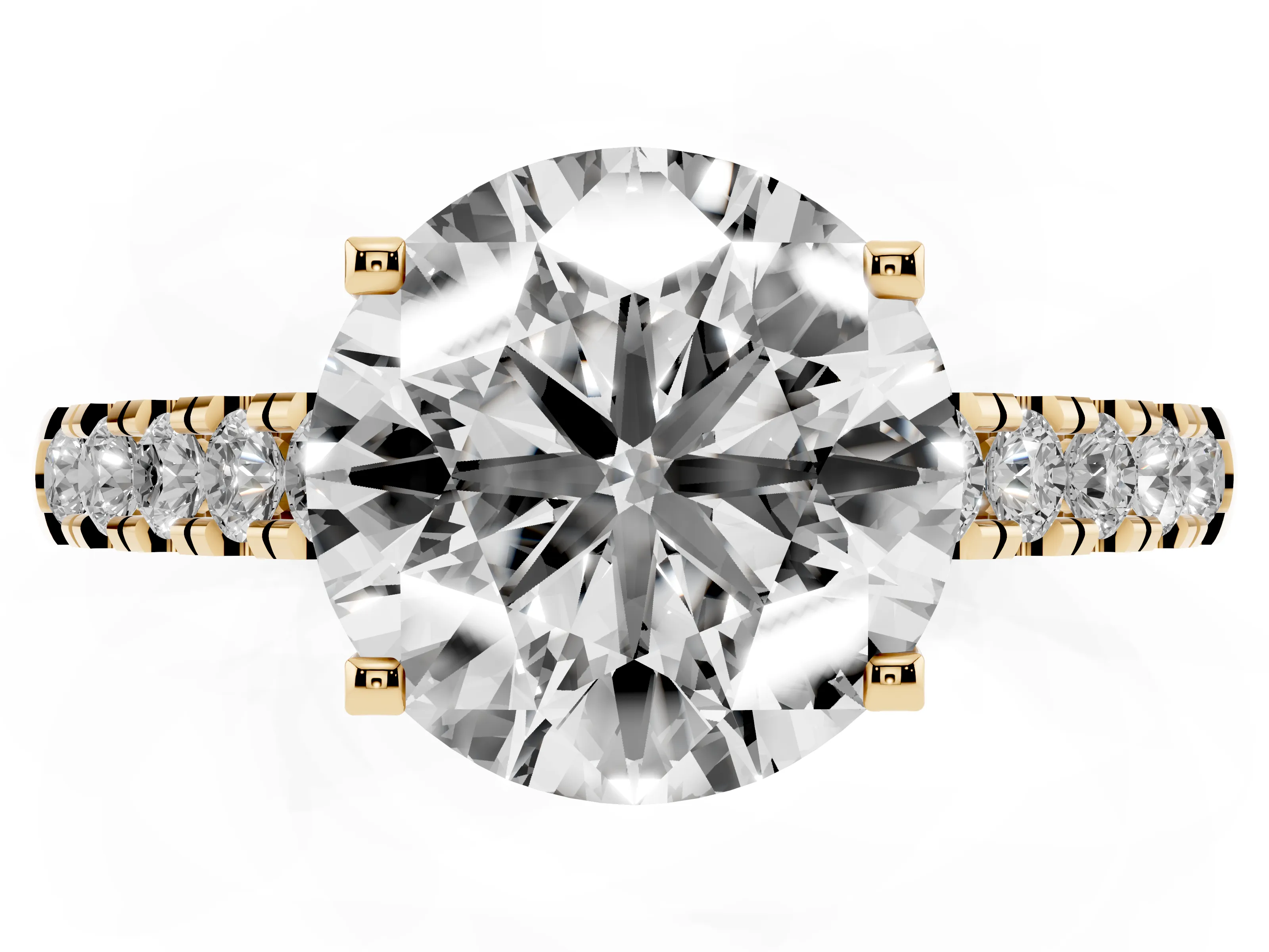 Round Cut Diamond Pavé Band Solitaire Ring Set in Yellow gold with Partway Accent Stones and Prong Setting