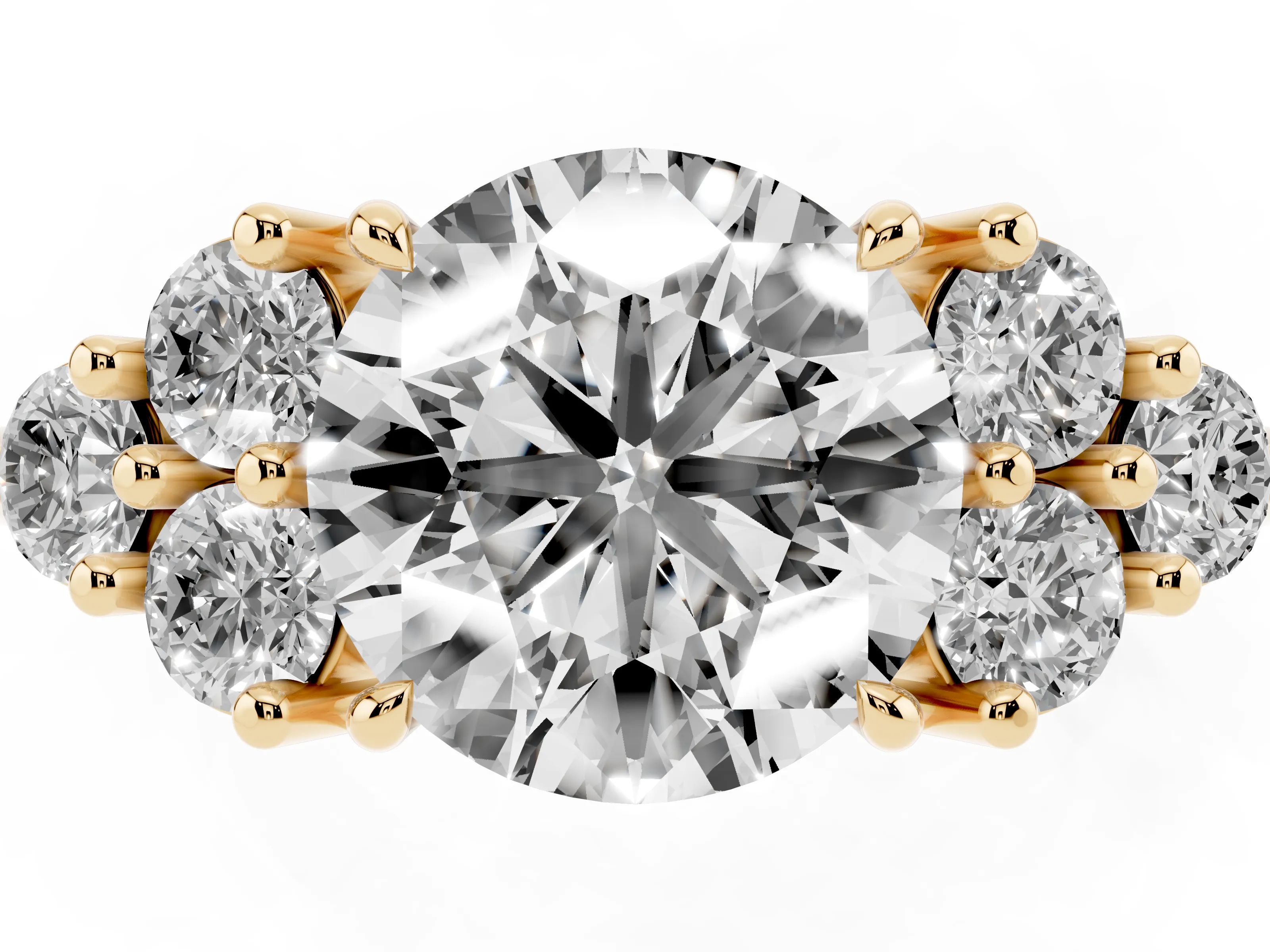 Round Cut Diamond Solitaire Ring Set in Yellow gold with Cluster Accents on Each Side