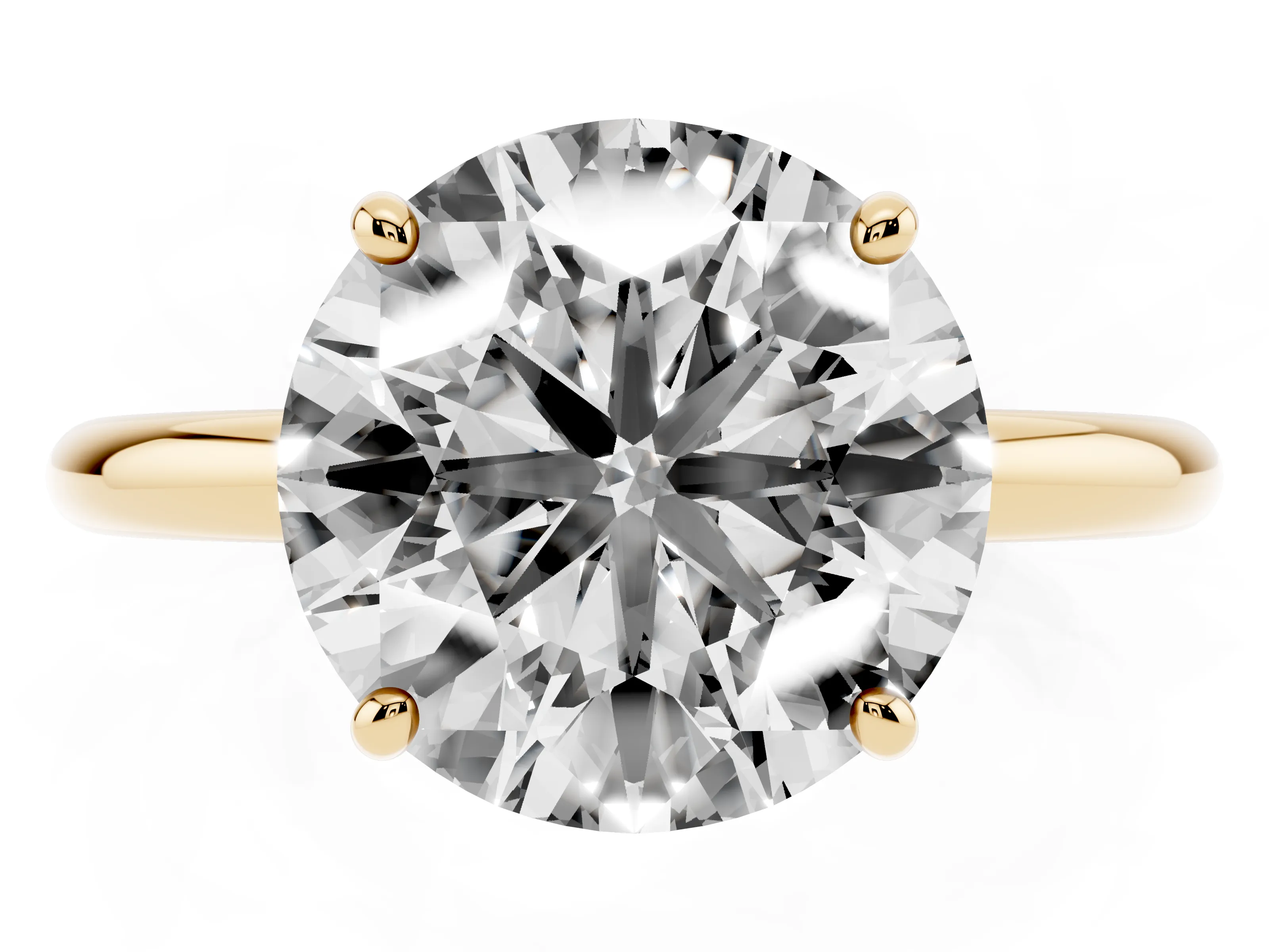 Round Cut Diamond Solitaire Ring Set in Yellow gold with Prong Setting on a Polished Plain Band