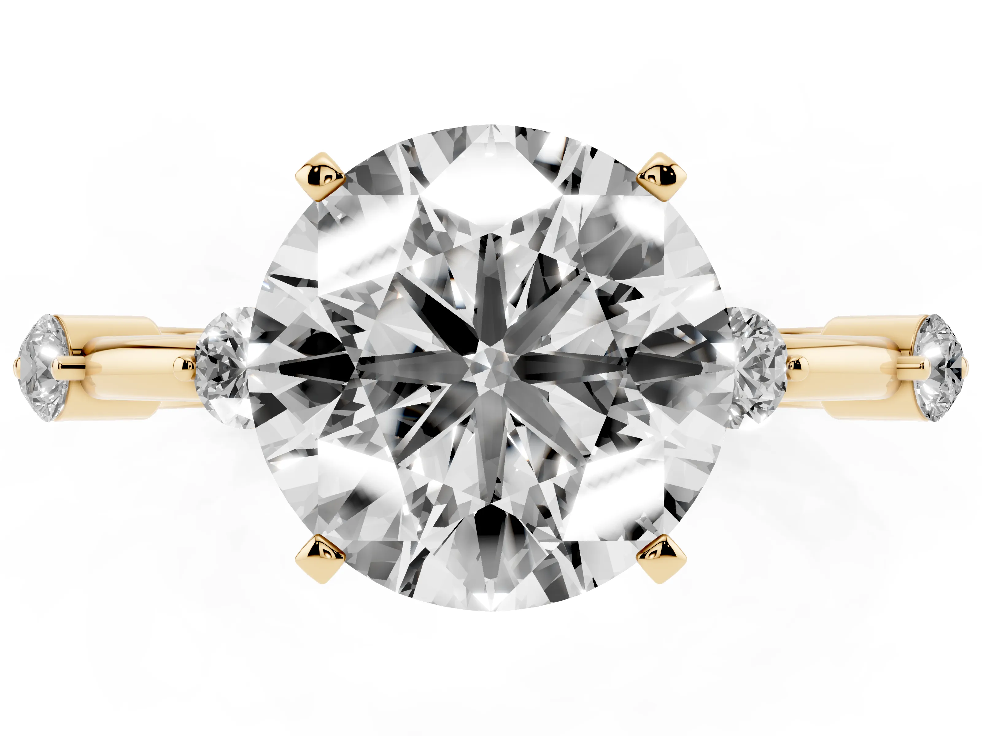 Round Cut Diamond Solitaire Ring Set in Yellow gold with Bezel Set Side Stones and Prong Setting
