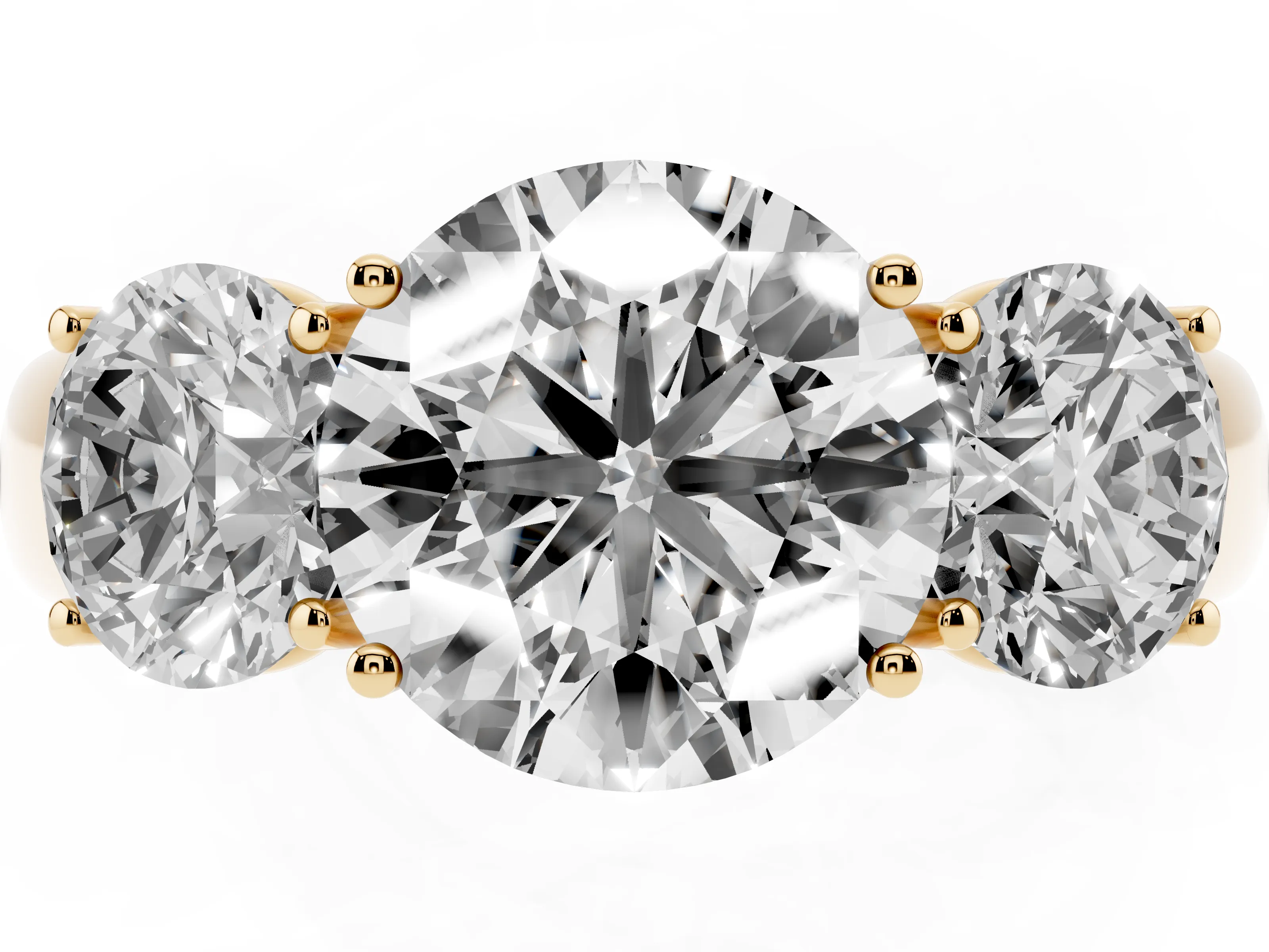Three-Stone Round Cut Diamond Ring Set in Yellow gold with Matching Prong Settings and Plain Band