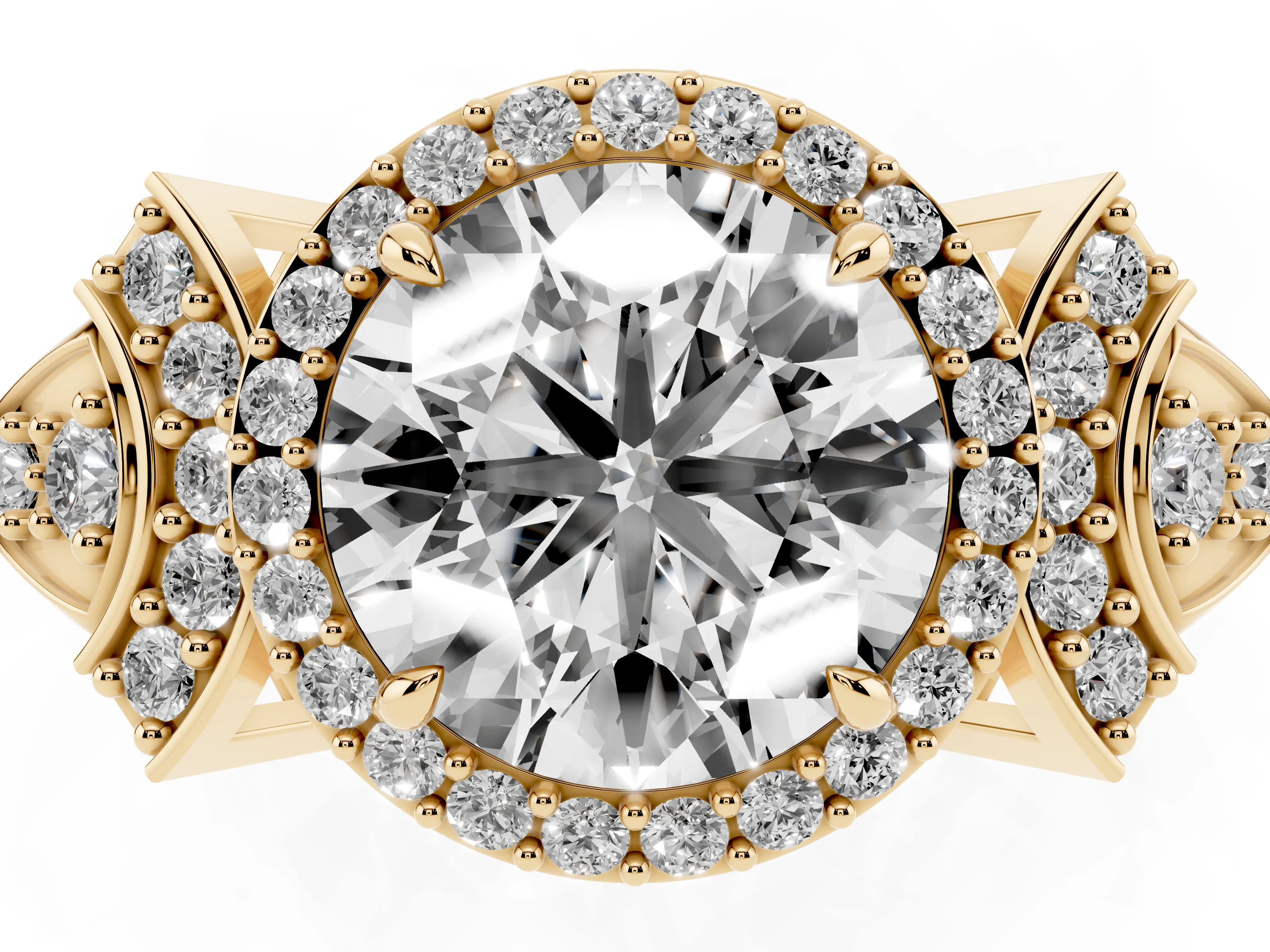Round Cut Diamond Halo Engagement Ring Set in Yellow gold with Accent Stone Split Shank