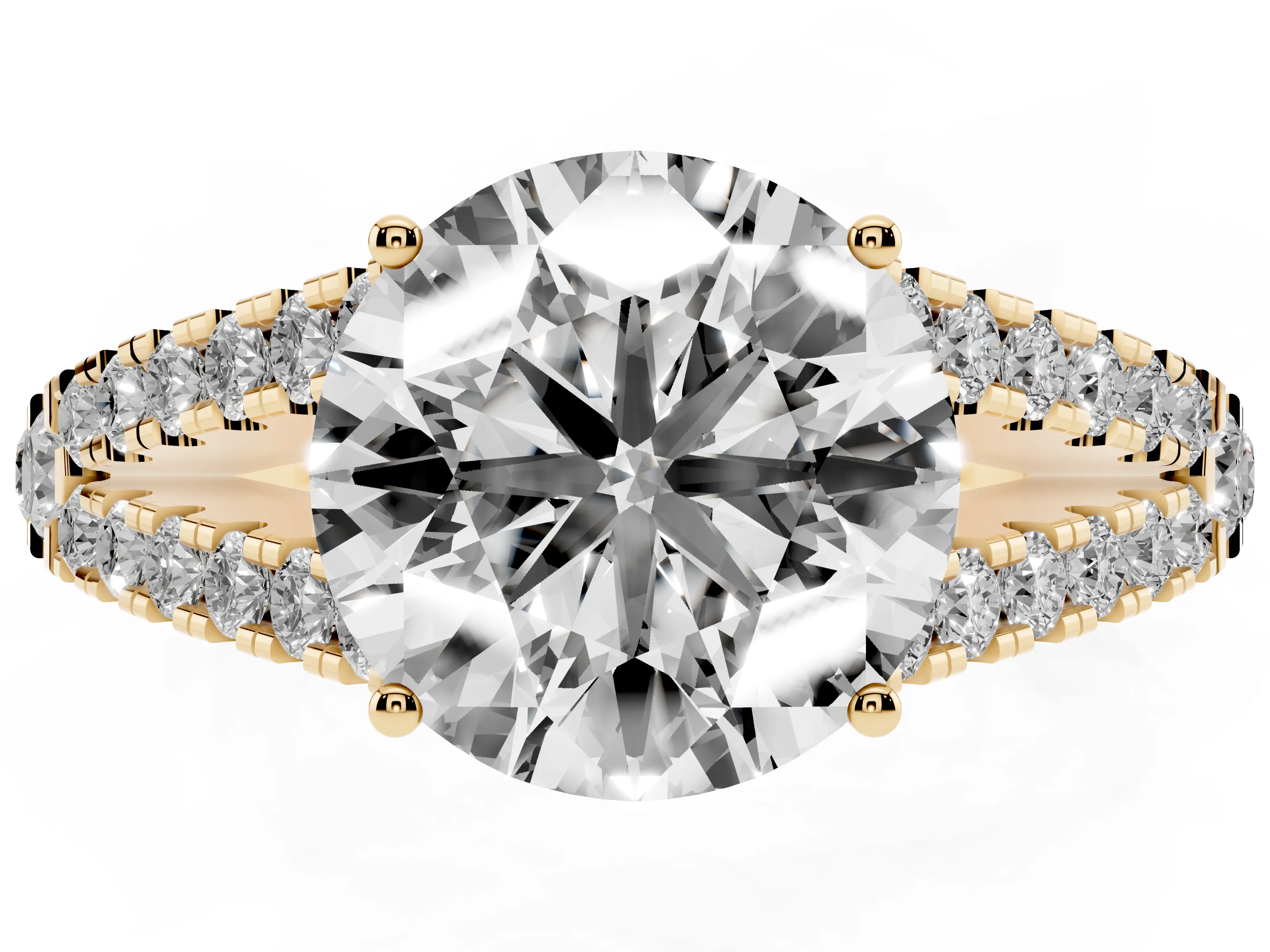 Round Cut Diamond Split Shank Pavé Engagement Ring Set in Yellow gold with Prong-Held Center Stone