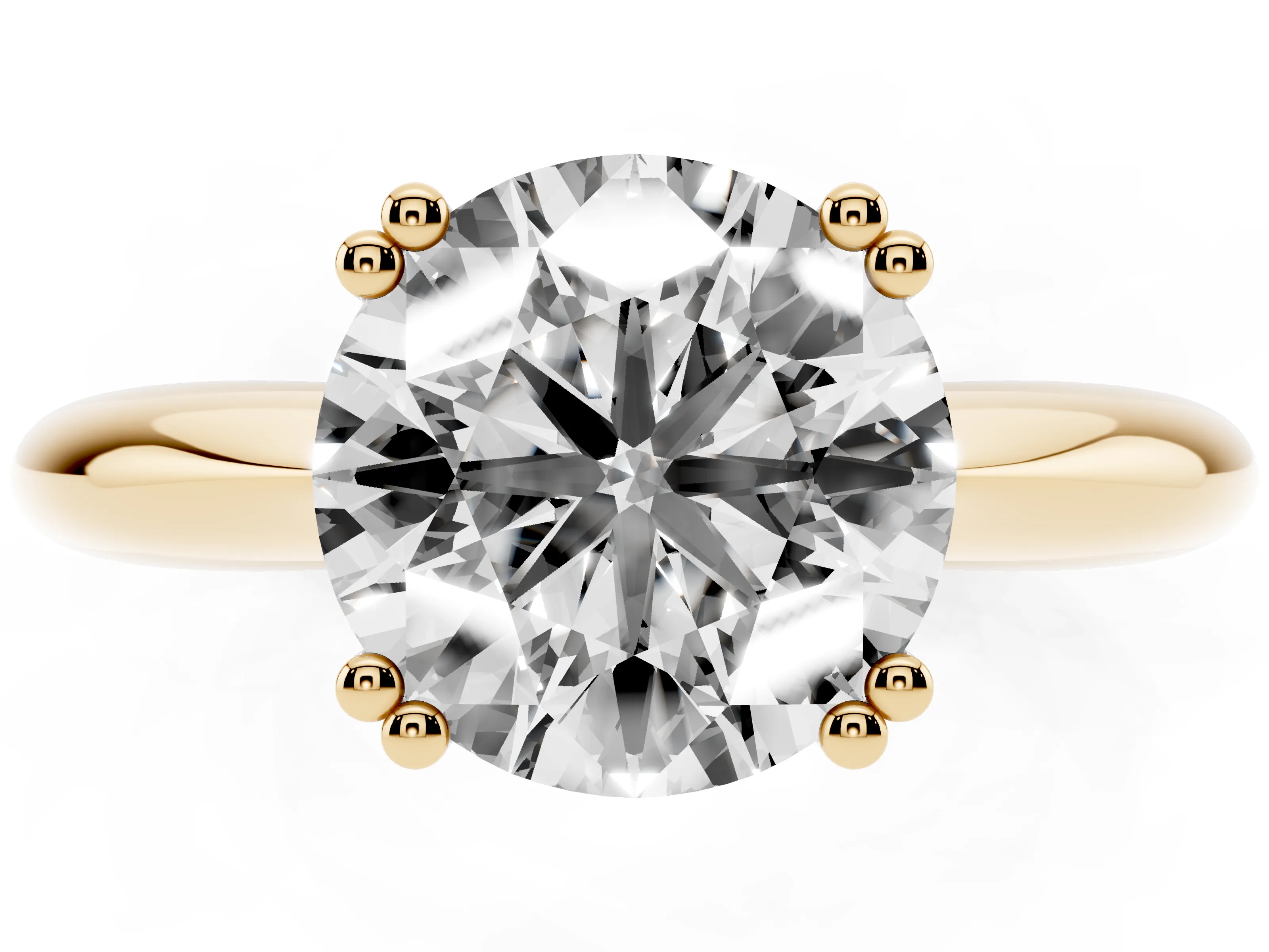 Round Cut Diamond Solitaire Engagement Ring Set in Yellow gold with Tapered Band and Prong Setting