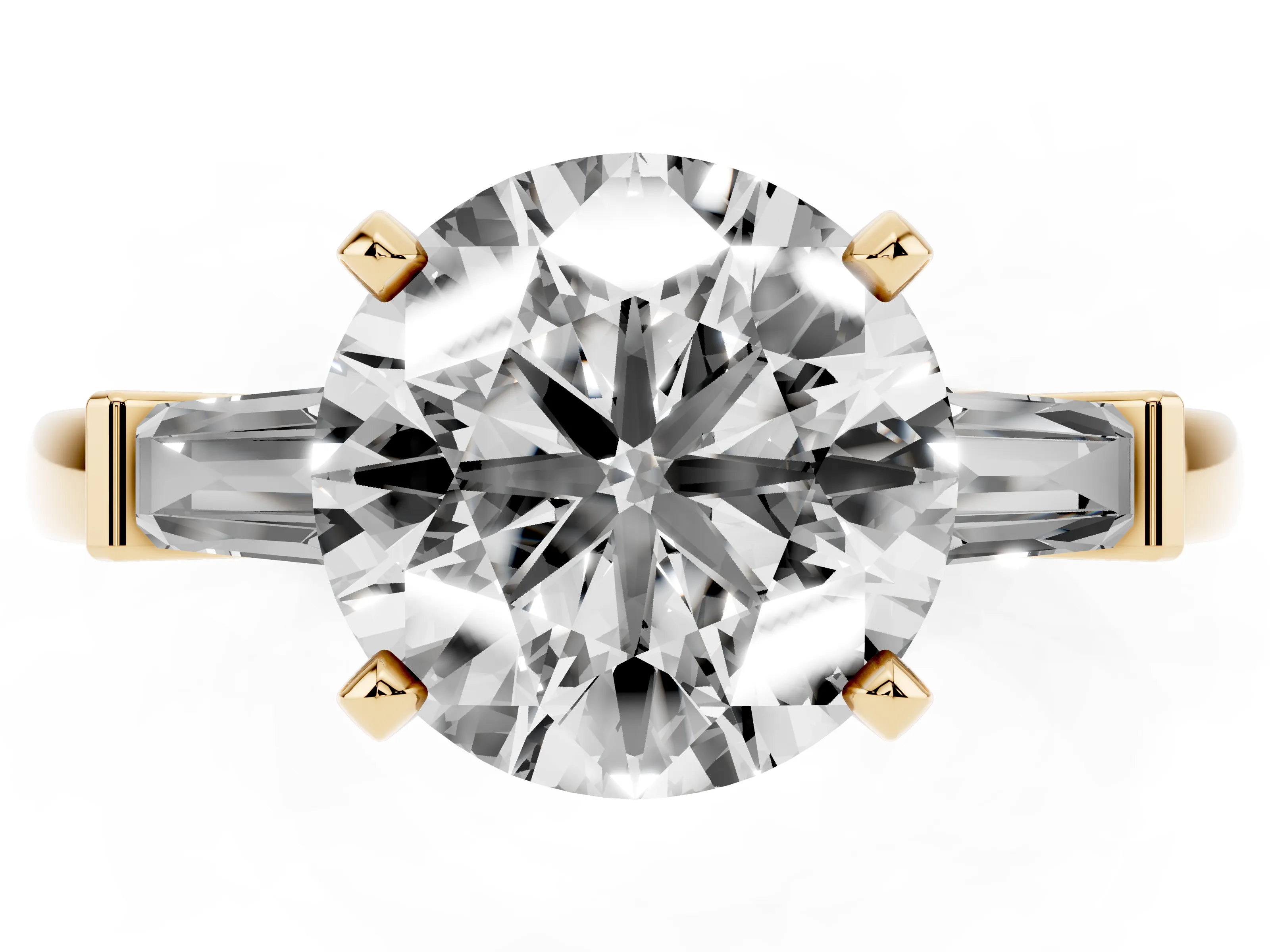 Round Cut Diamond Solitaire Ring Set in Yellow gold with Tapered Baguette Accents and Prong Setting