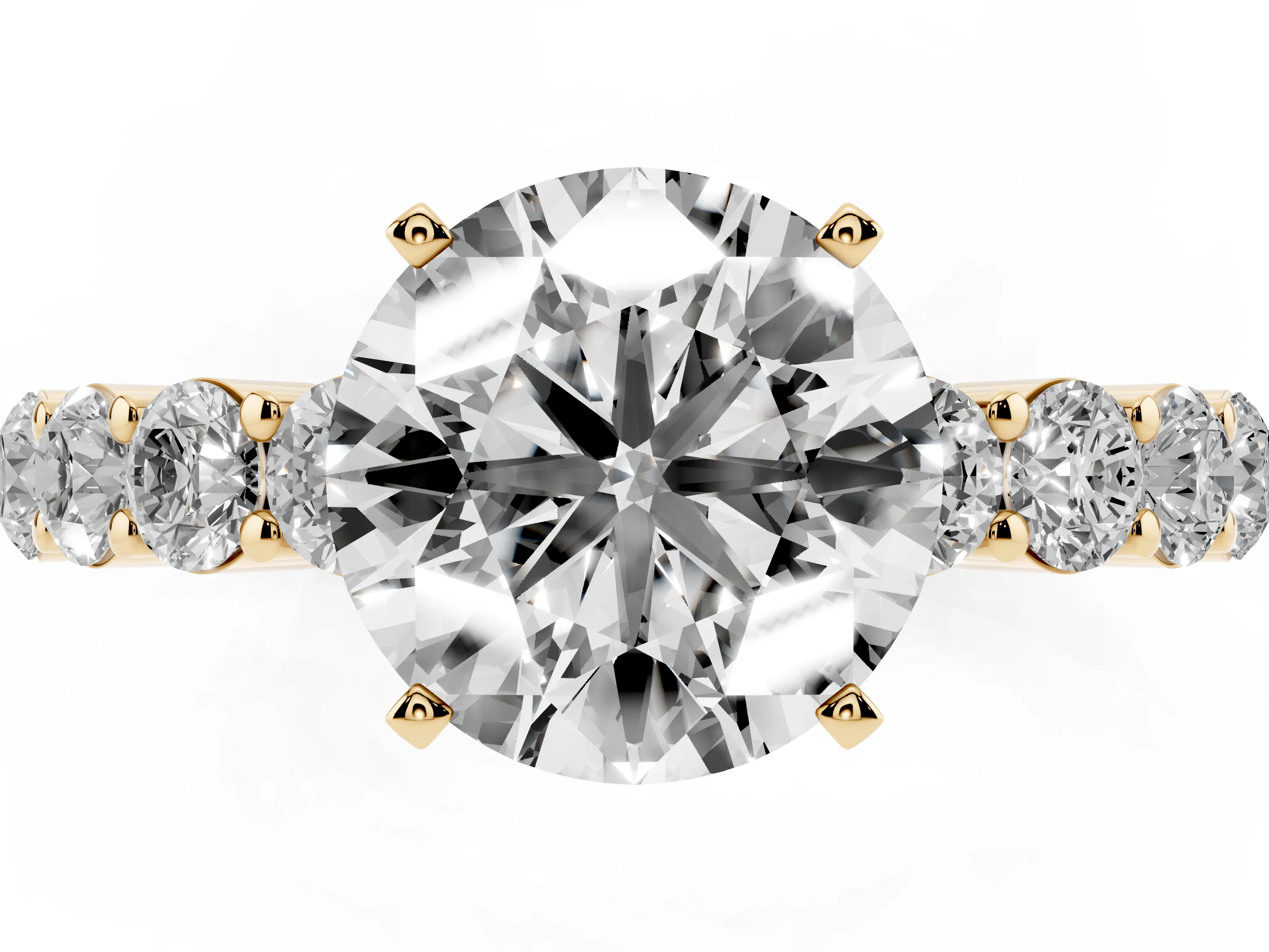 Round Cut Diamond Solitaire Ring Set in Yellow gold with Shared Prong Round Side Stones