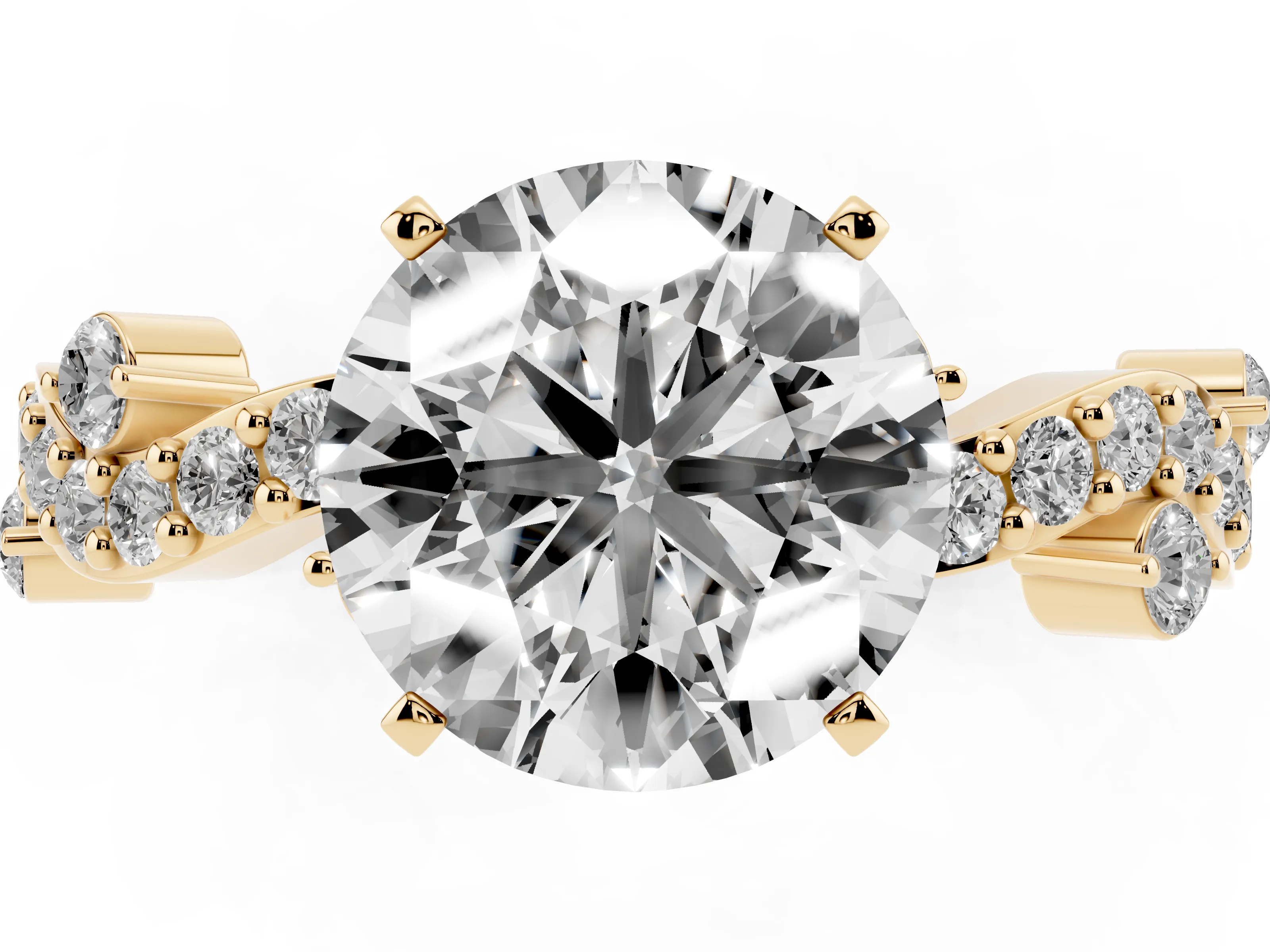Round Cut Diamond Solitaire Twisted Band Set in Yellow gold with Pavé Setting