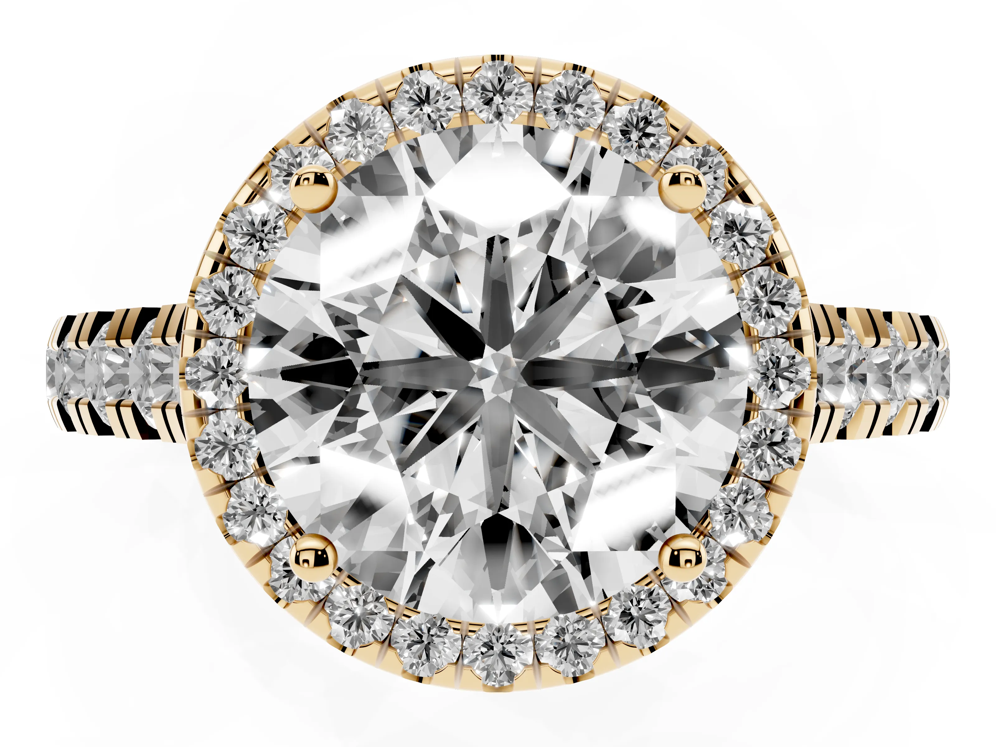 Round Cut Diamond Halo Engagement Ring Set in Yellow gold with Pavé Band and Prong-Set Center
