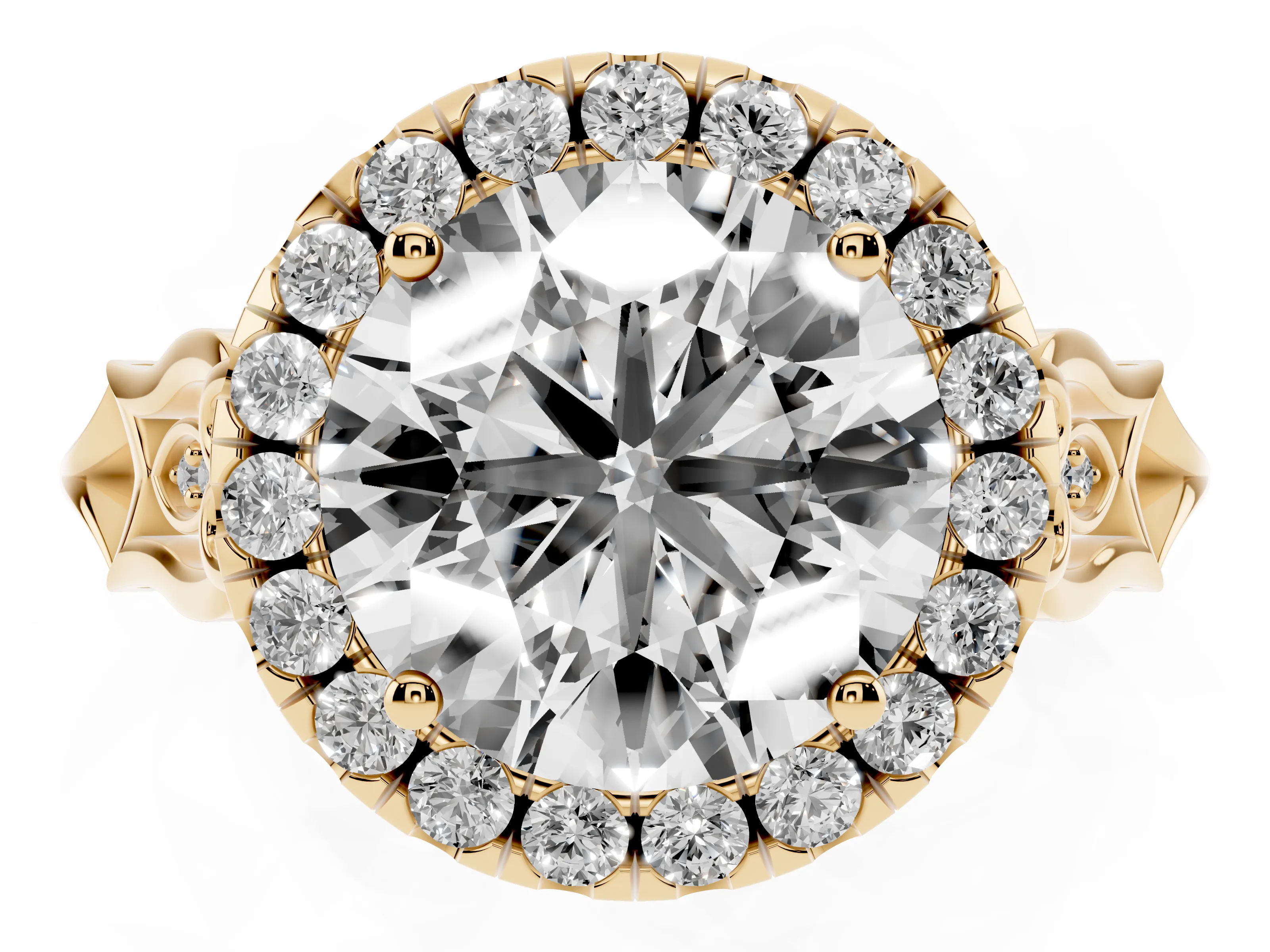 Round Cut Diamond Halo Engagement Ring Set in Yellow gold with Filigree Band and Prong-Set Center