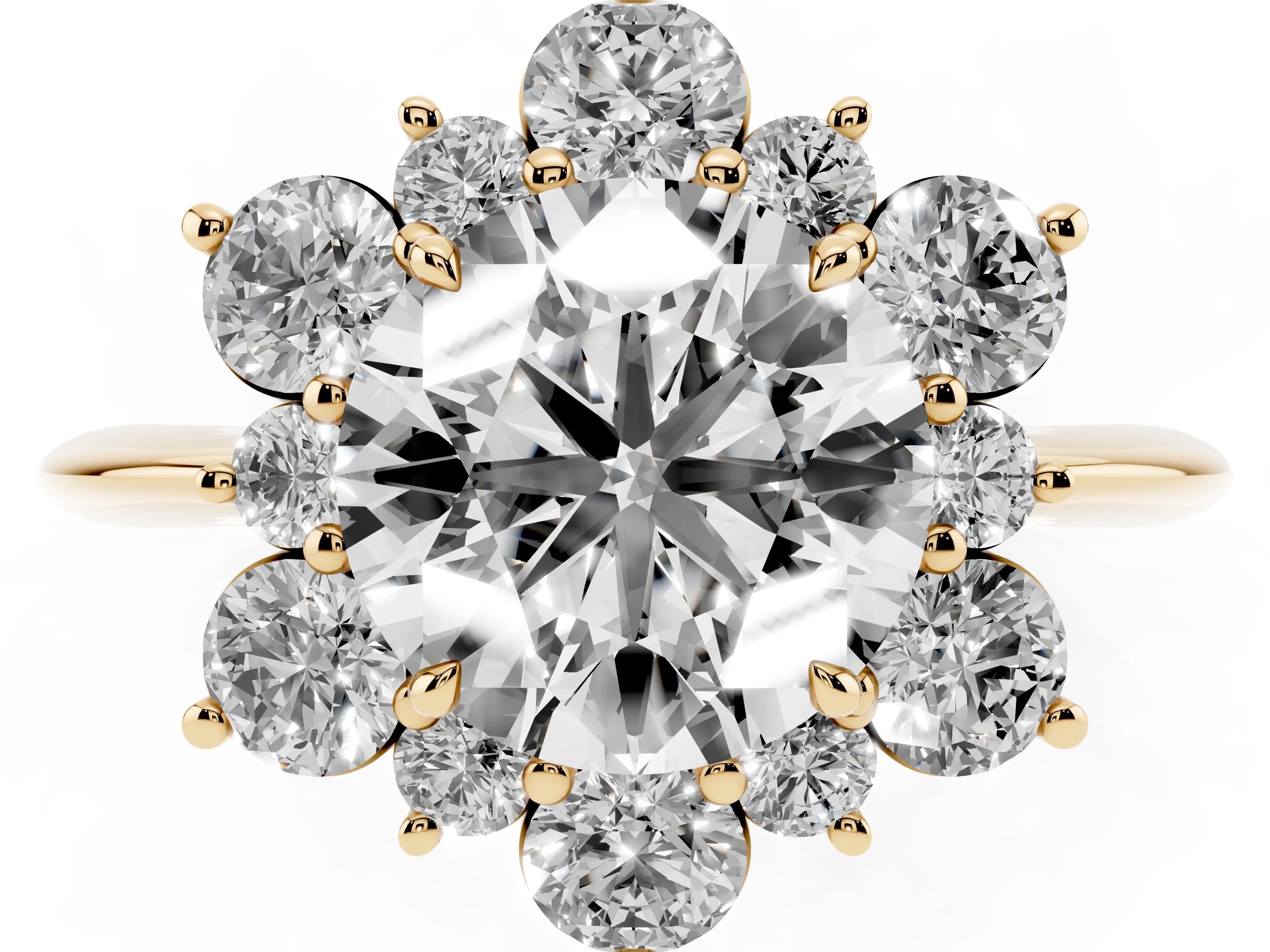 Round Cut Diamond Cluster Halo Ring Set in Yellow gold with Solitaire Band and Prong Setting
