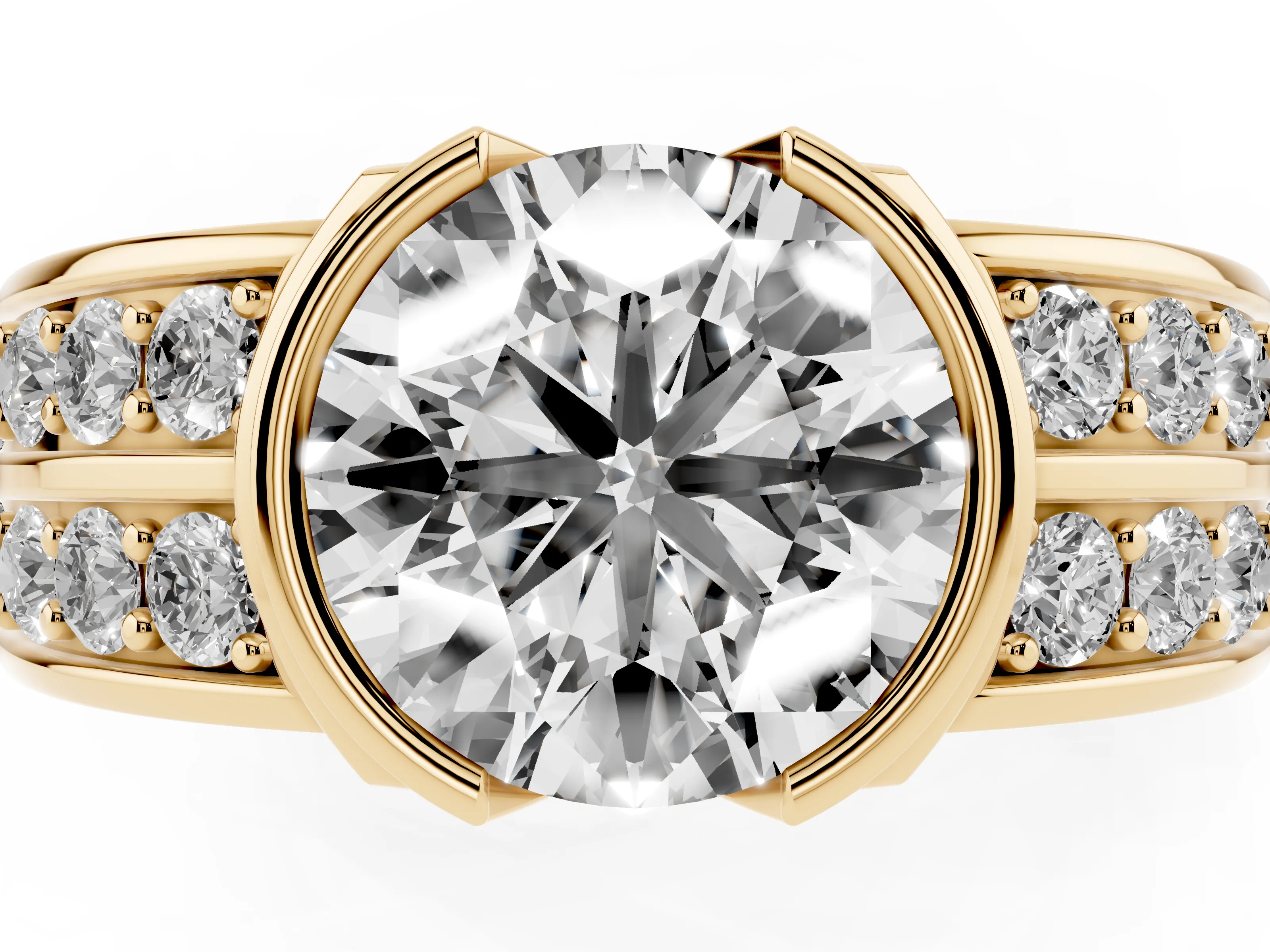 Round Cut Diamond Wide Channel Set Band Ring Set in Yellow gold with Bezel Setting