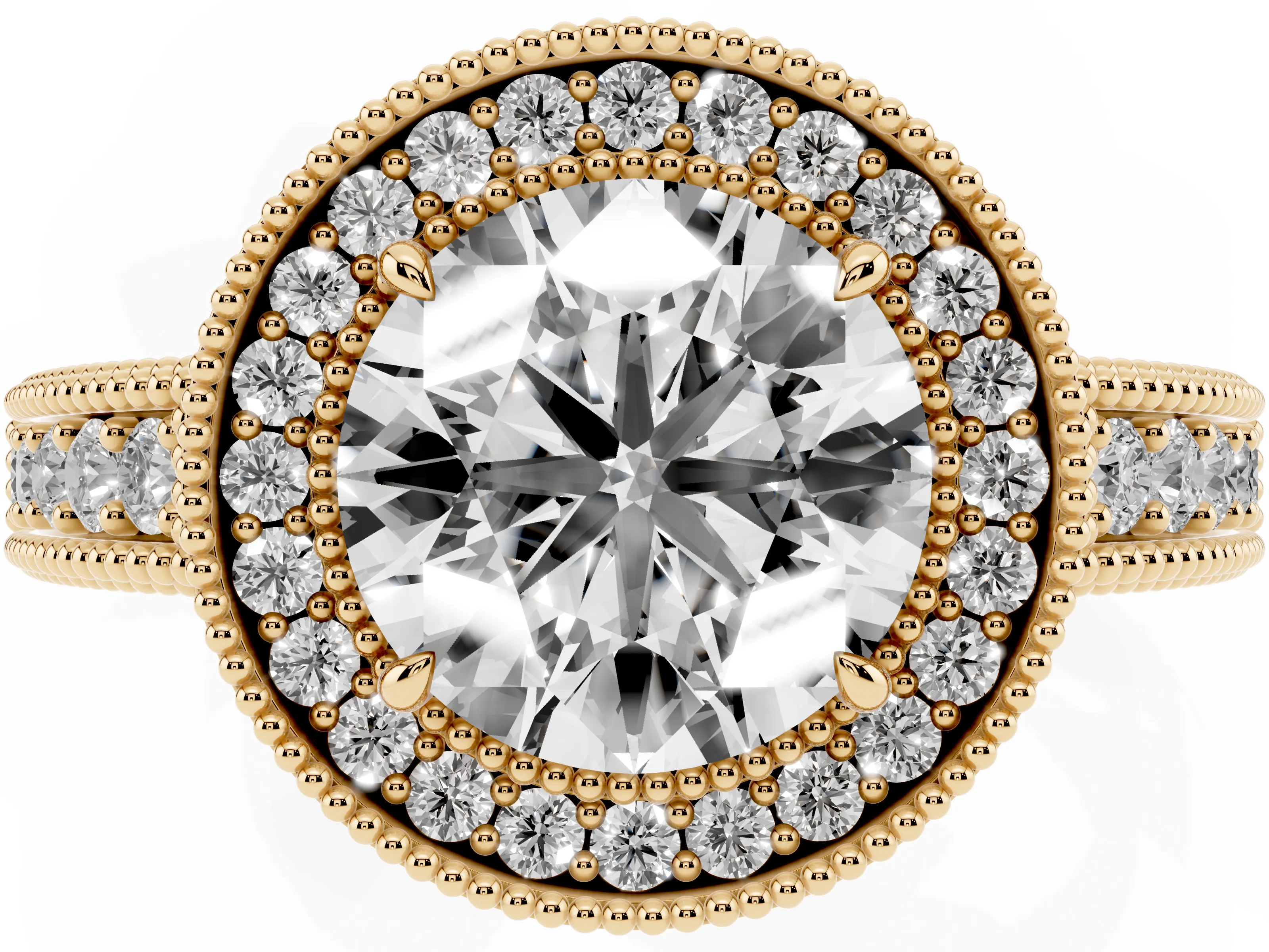 Round Cut Diamond Halo Ring Set in Yellow gold with Round Accent Halo, Pavé Band and Prong Setting