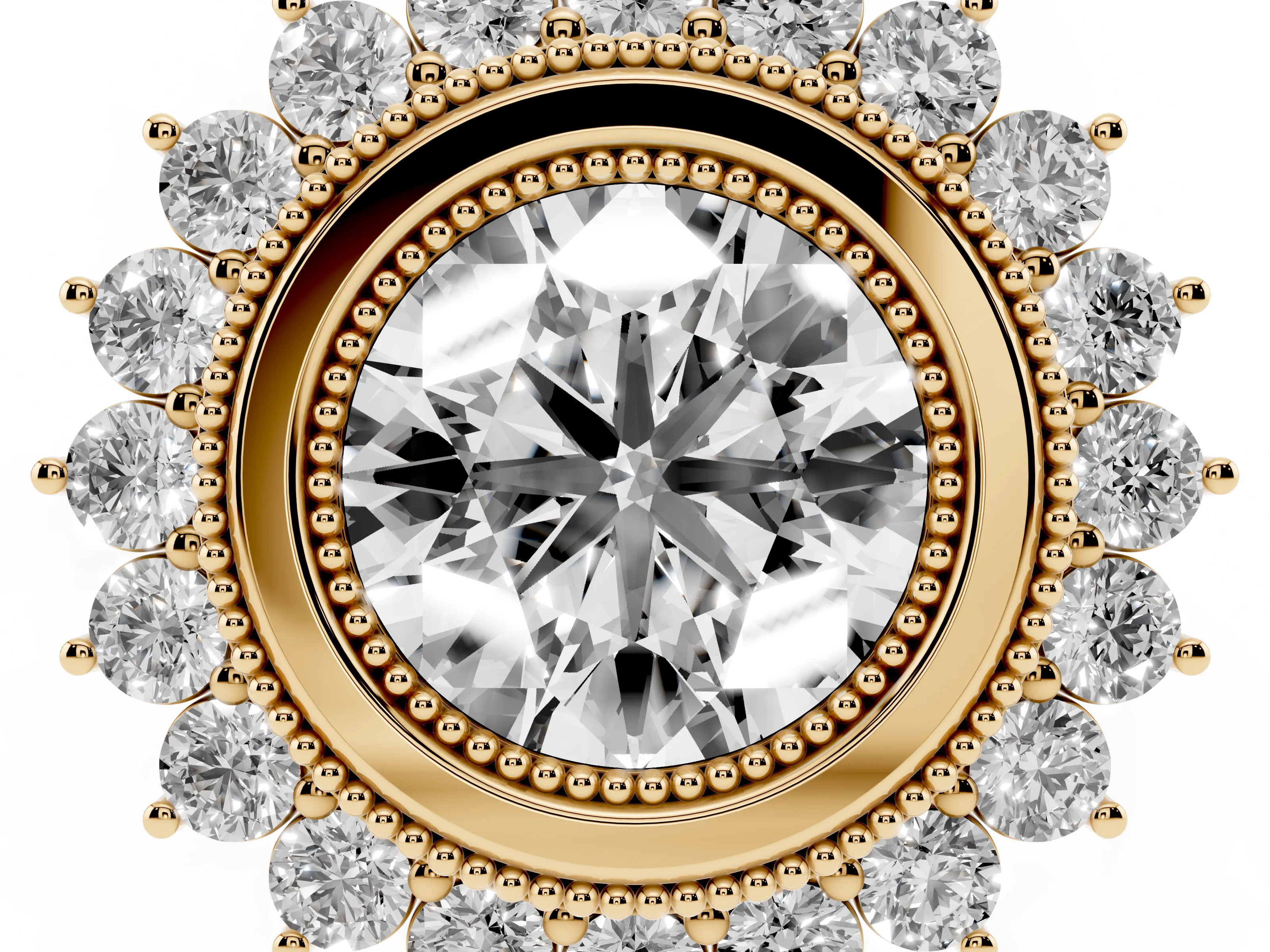 Round Cut Diamond Halo Ring Set in Yellow gold with Milgrain Edge and Round Prong Setting