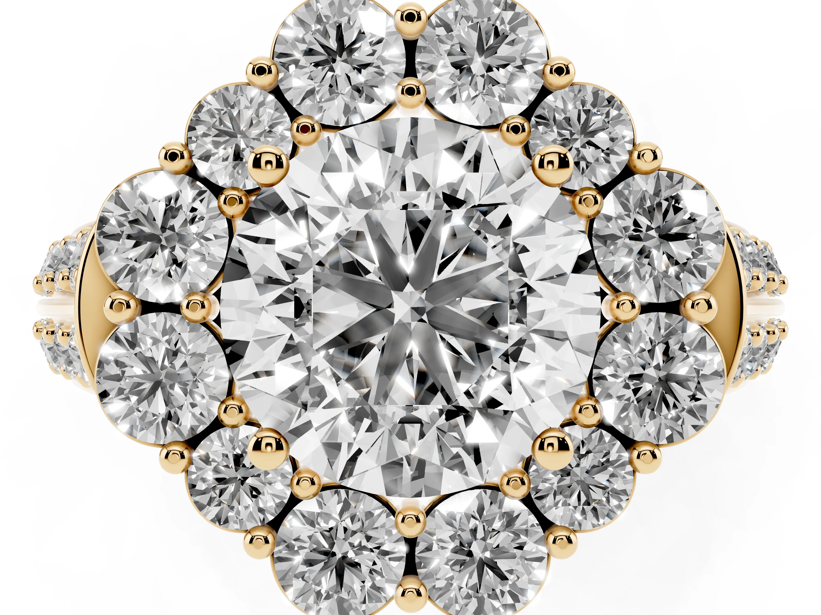 Round Cut Diamond Halo Engagement Ring Set in Yellow gold with Split Shank and Prong Setting
