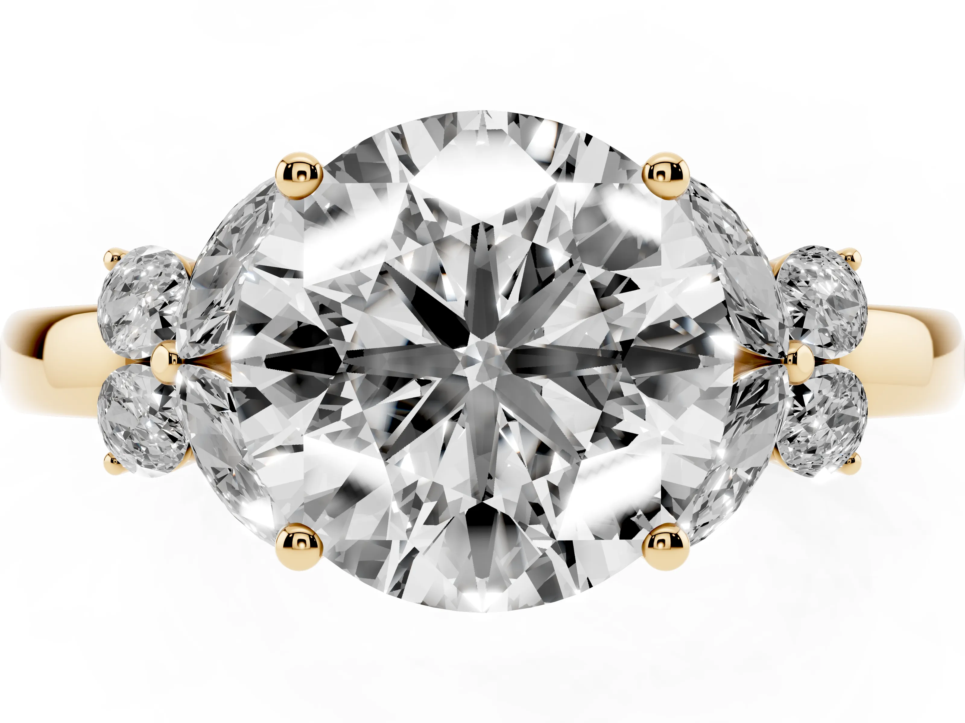 Round Cut Diamond Solitaire Floral Ring Set in Yellow gold with Marquise Petals and Prong Setting