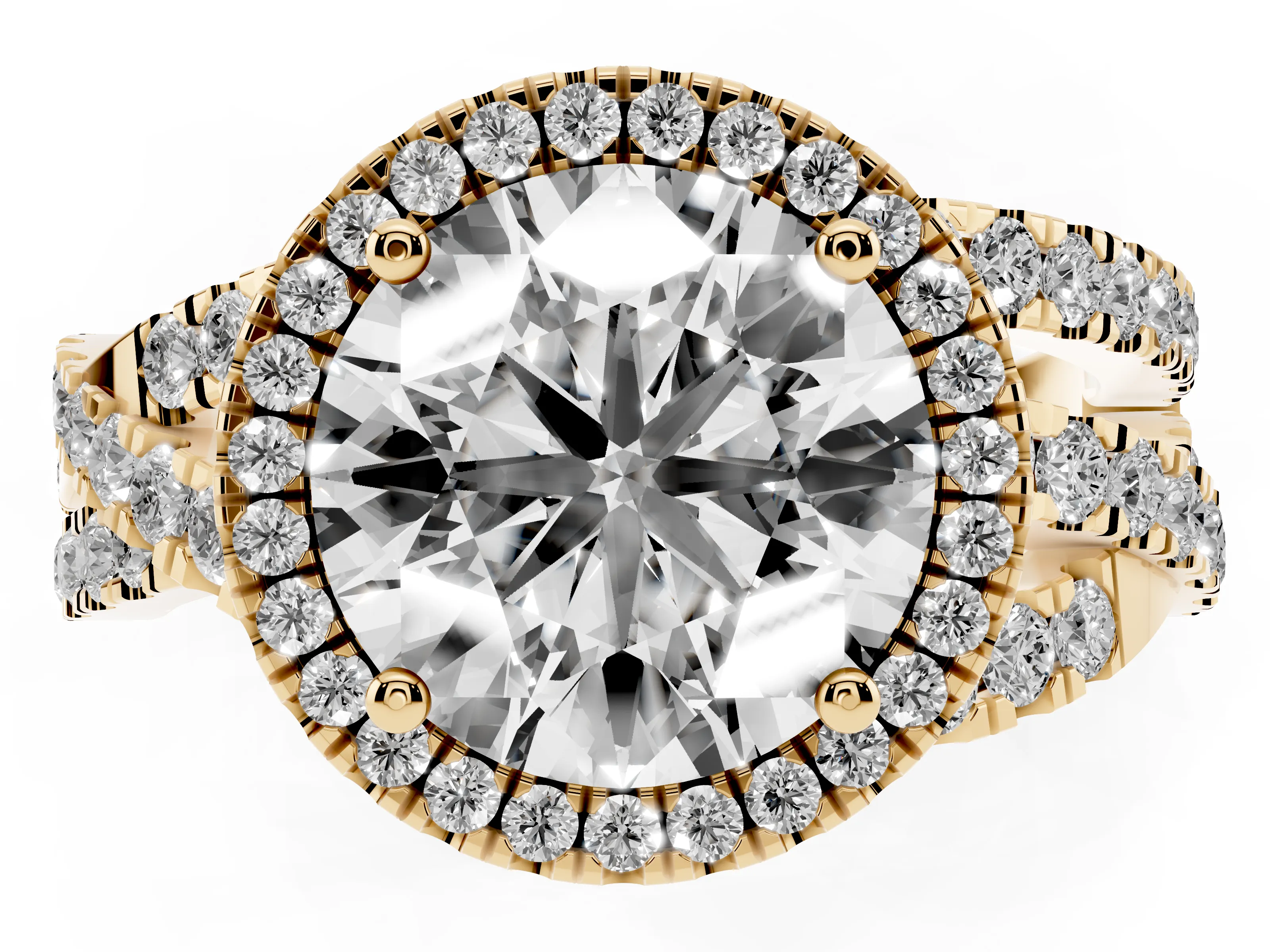 Round Cut Diamond Halo Ring Set in Yellow gold with Round Crossover Split Shank and Prong Setting