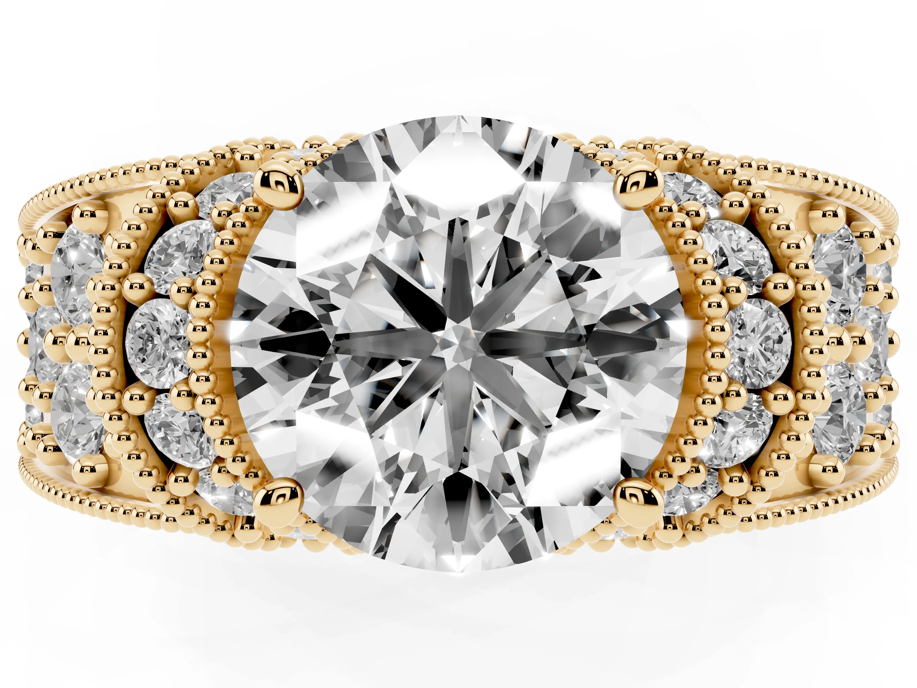 Round Cut Diamond Milgrain Halo Pavé Engagement Ring Set in Yellow gold with Prong Setting