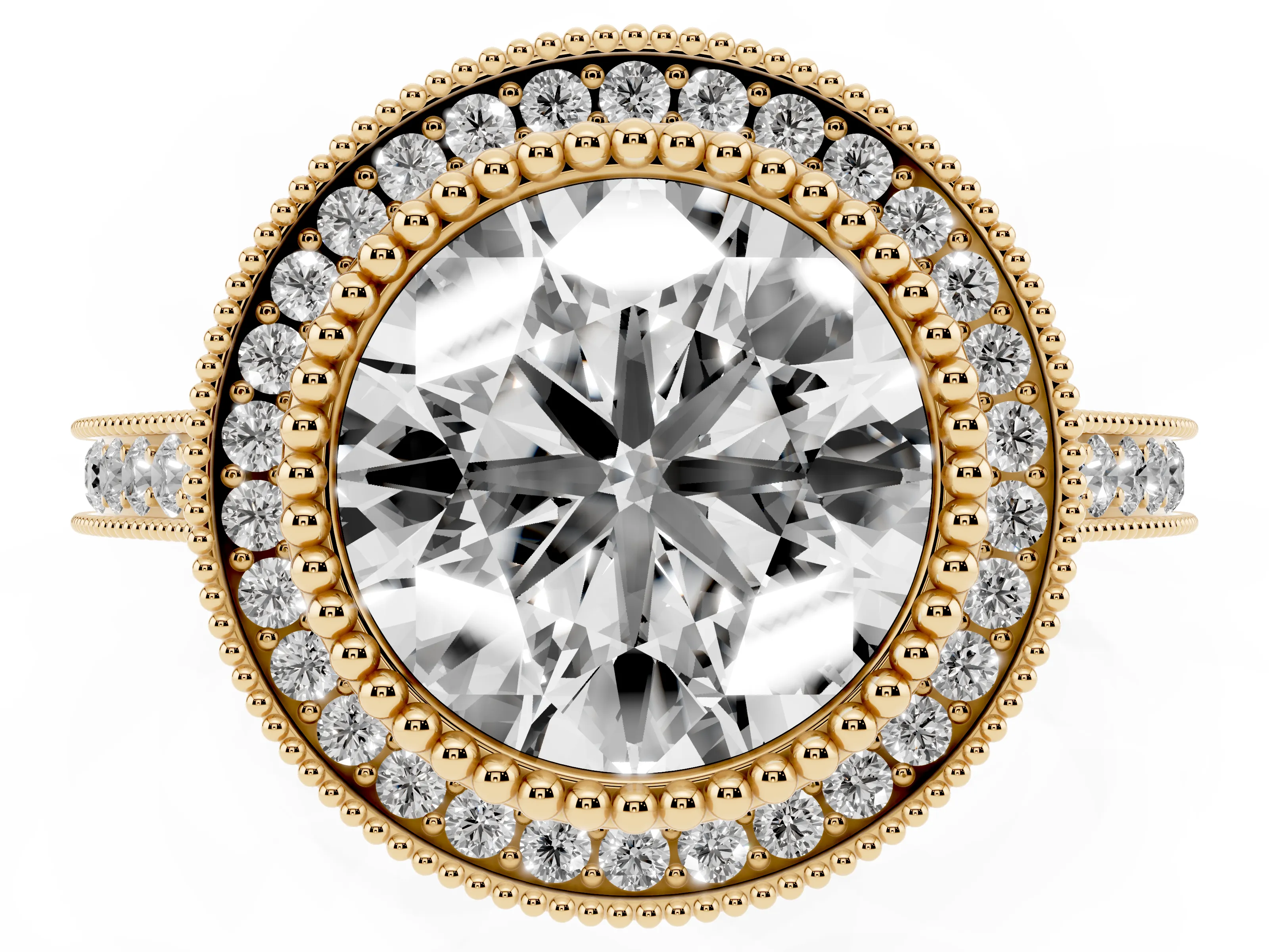Round Cut Diamond Halo Ring Set in Yellow gold with Milgrain Frame and Pavé Band