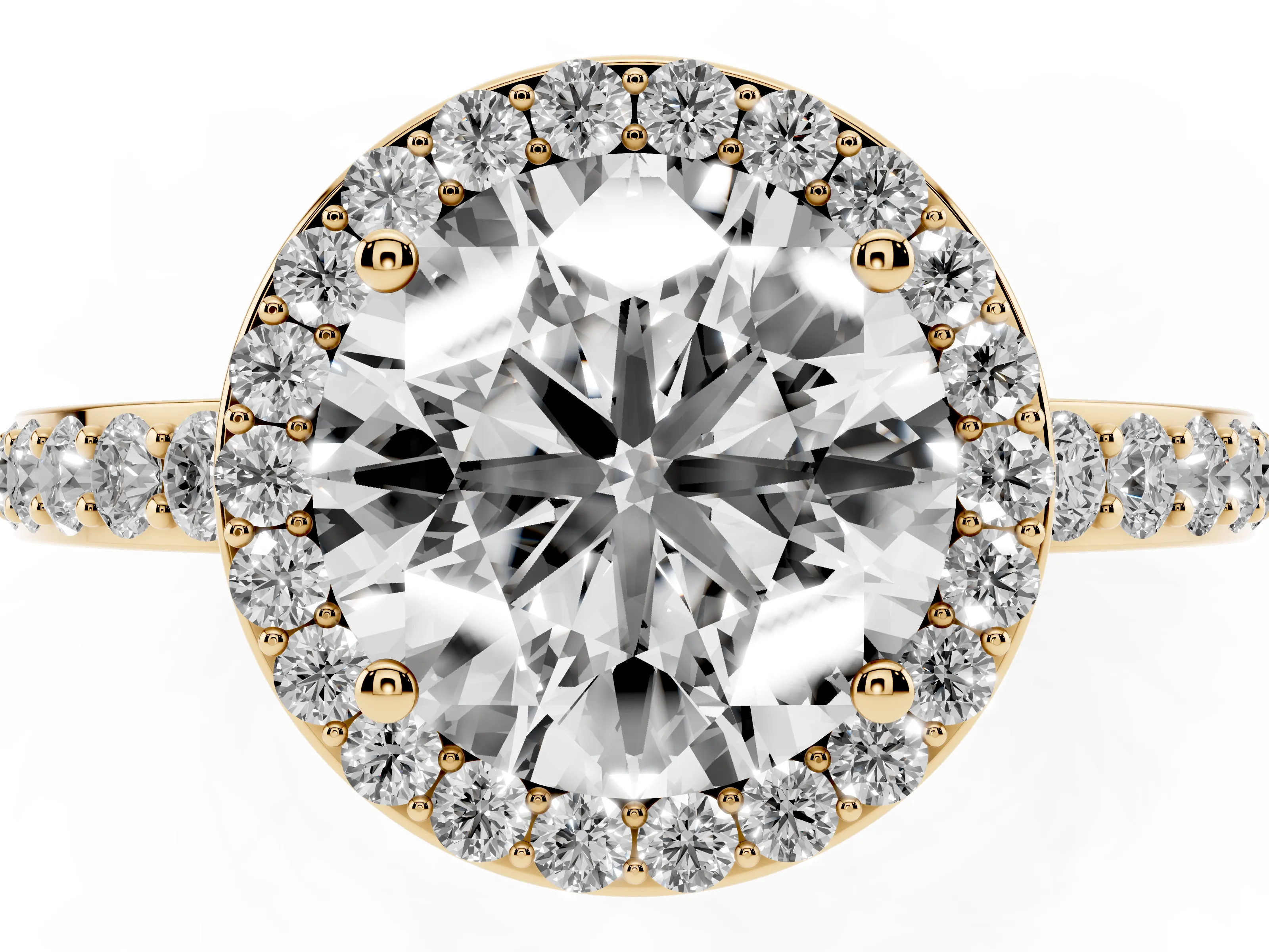 Round Cut Diamond Halo Ring Set in Yellow gold with Pavé-Setting Band and Open Prong Center