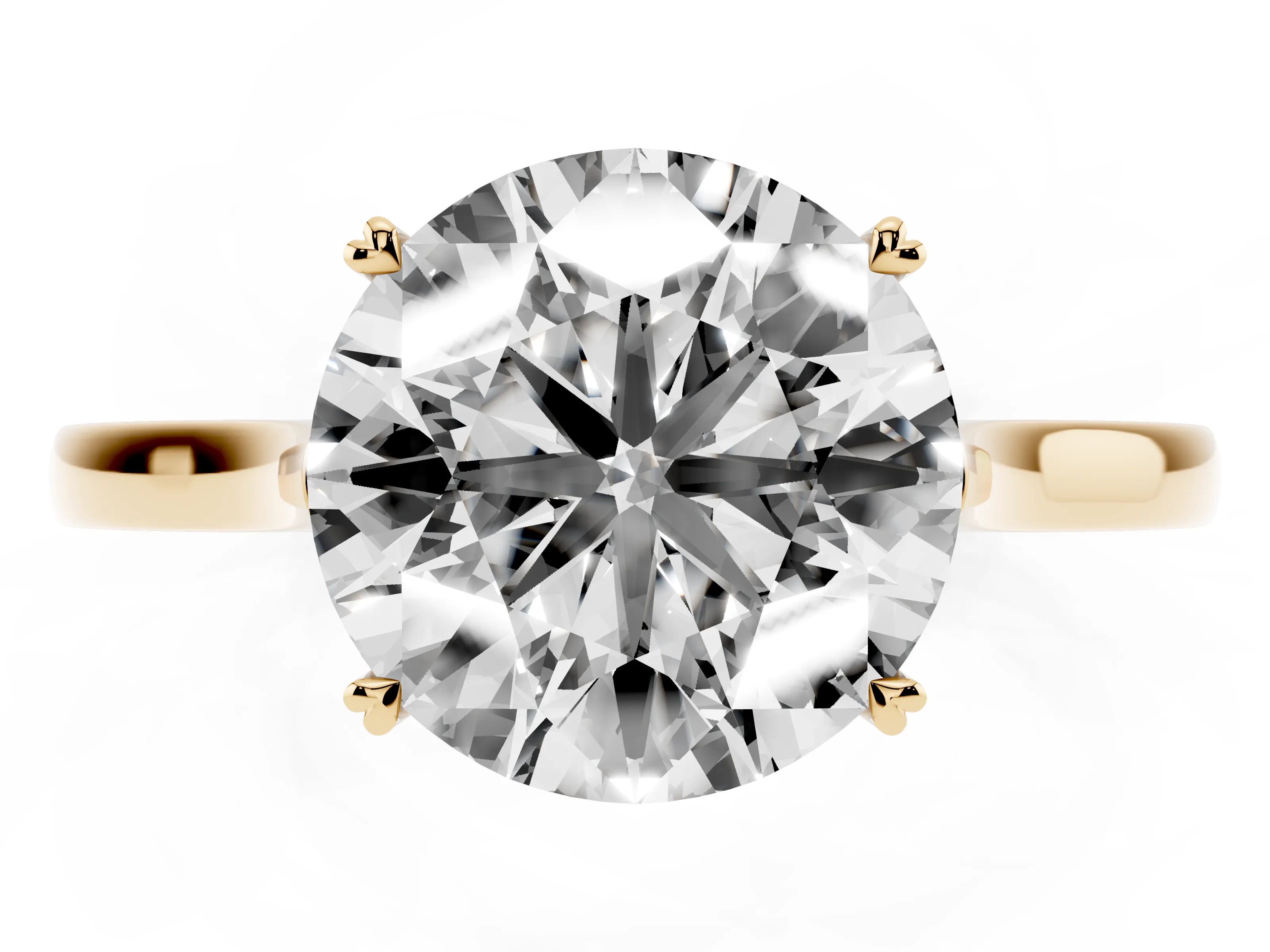 Round Cut Diamond Solitaire Heart Prong Engagement Ring Set in Yellow gold with Tapered Band