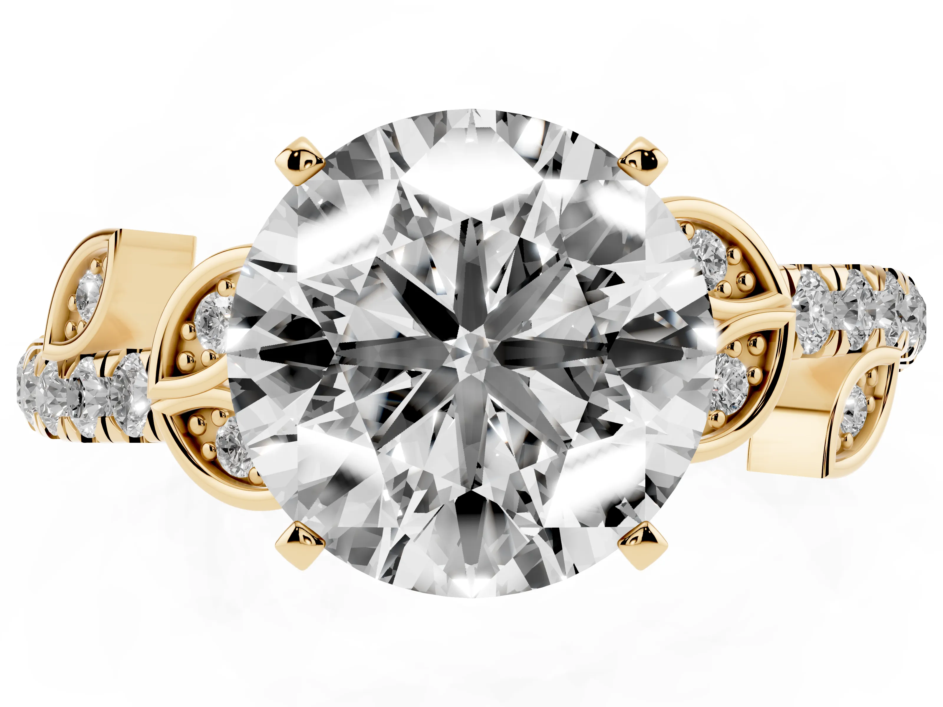 Round Cut Diamond Solitaire Leaf-Inspired Ring Set in Yellow gold with Pavé Band and Prong Setting