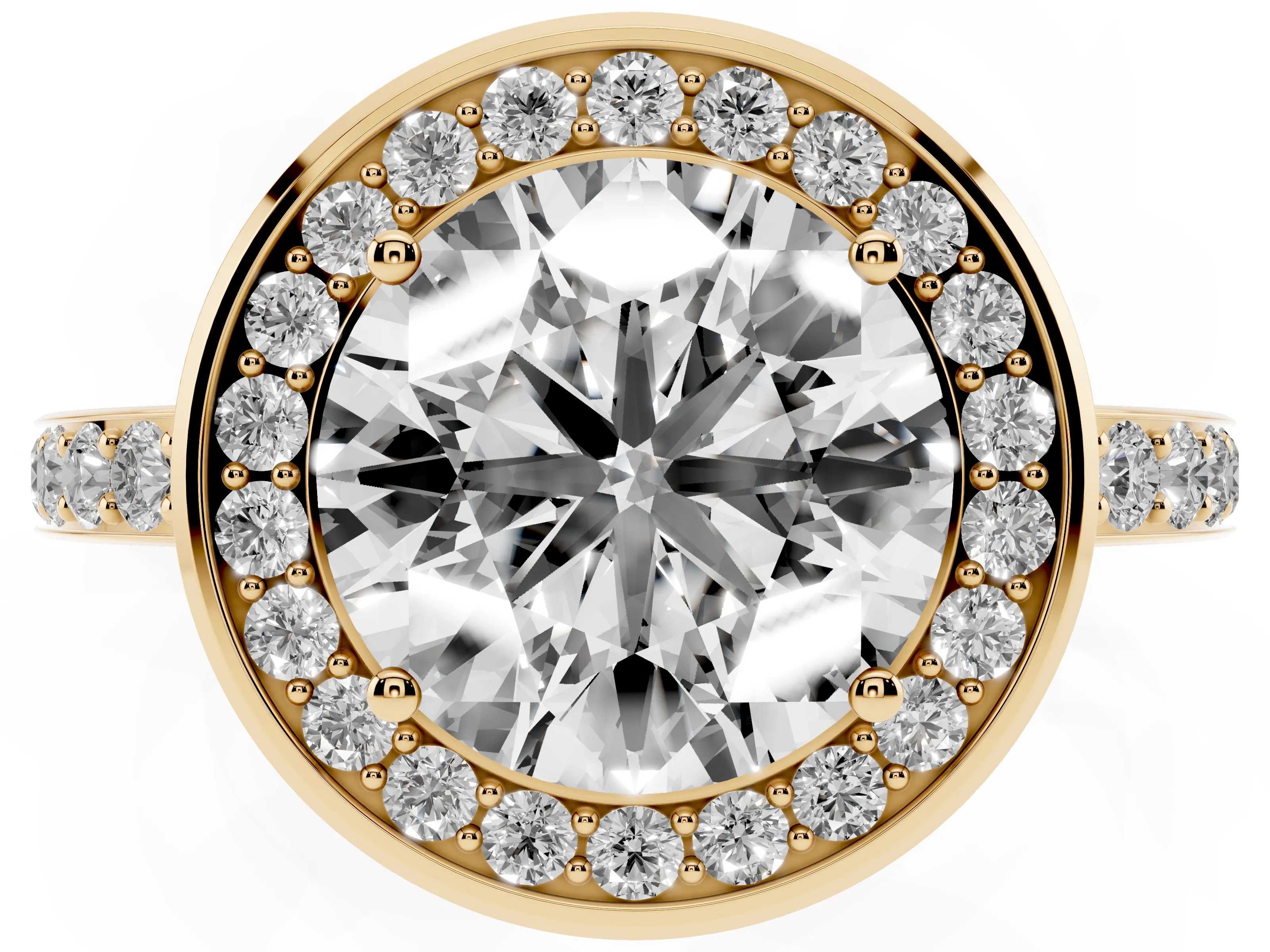 Round Cut Diamond Halo Ring Set in Yellow gold with Bezel Frame and Pavé Band