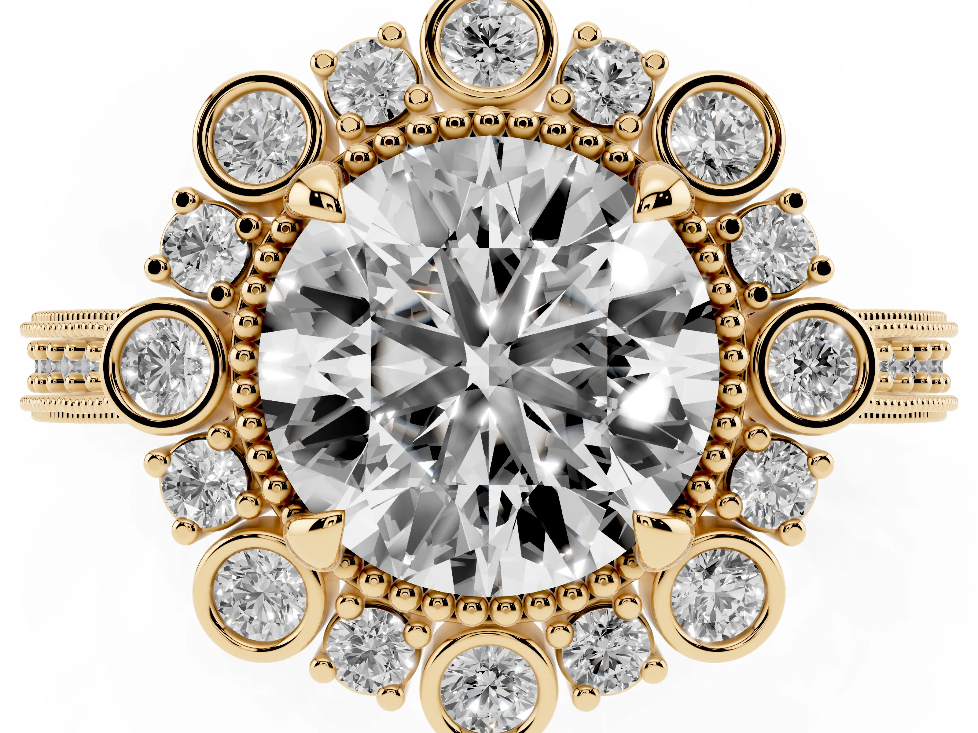 Round Cut Diamond Halo Milgrain Pavé Ring Set in Yellow gold with Prong Setting