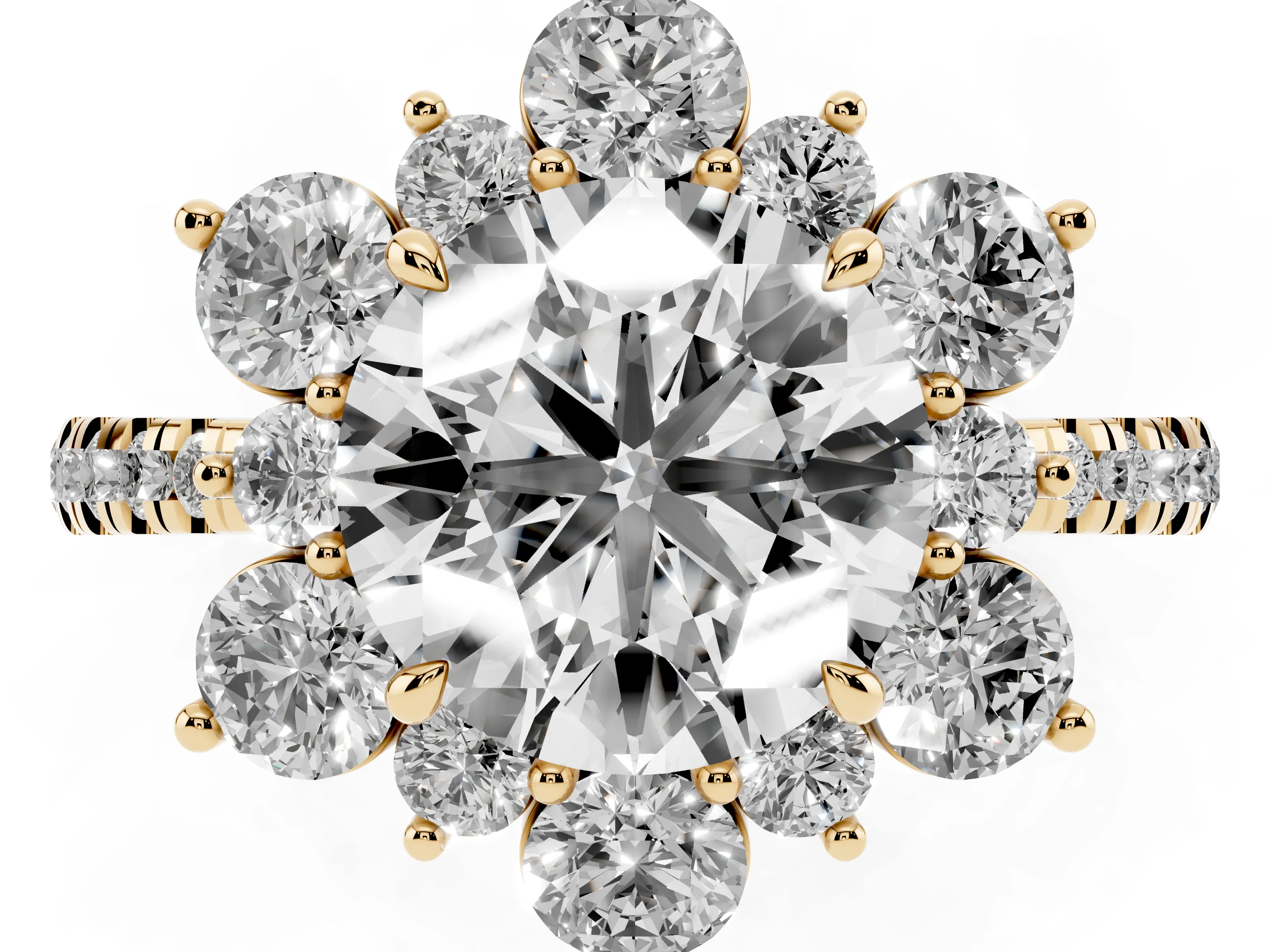 Round Cut Diamond Floral Halo Ring Set in Yellow gold with Round Pavé Band and Prong Setting