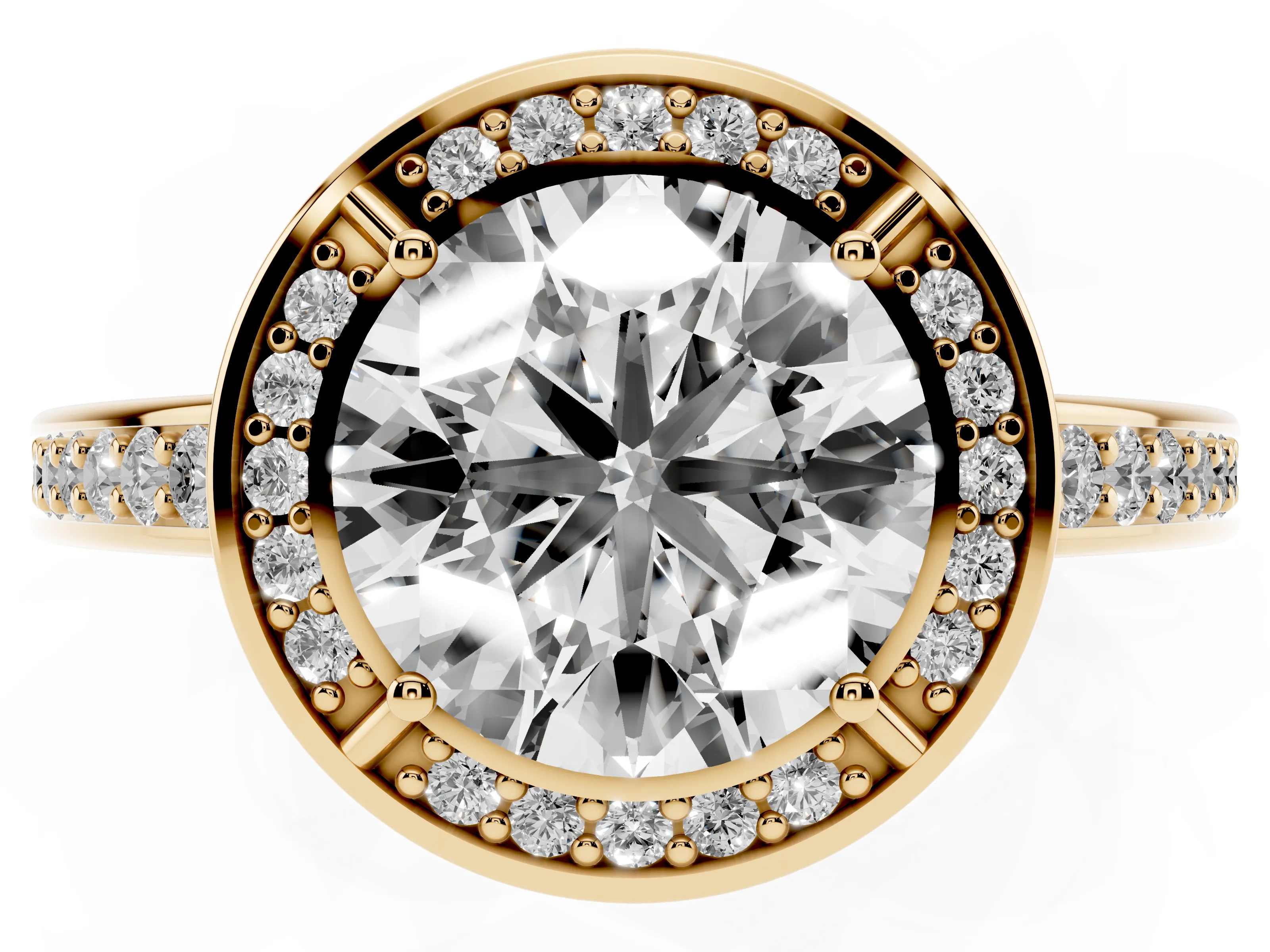 Round Cut Diamond Halo Pavé Split Shank Ring Set in Yellow gold with Prong Setting