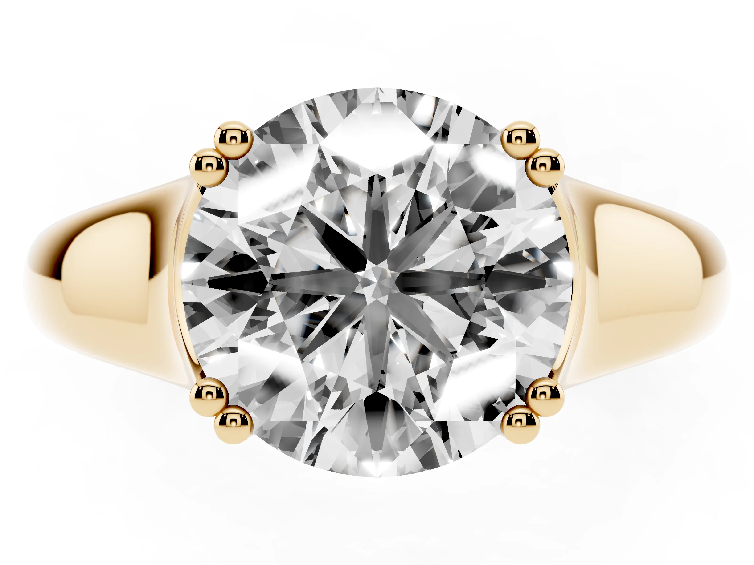 Round Cut Diamond Solitaire Ring Set in Yellow gold with Wide Band and Prong Setting